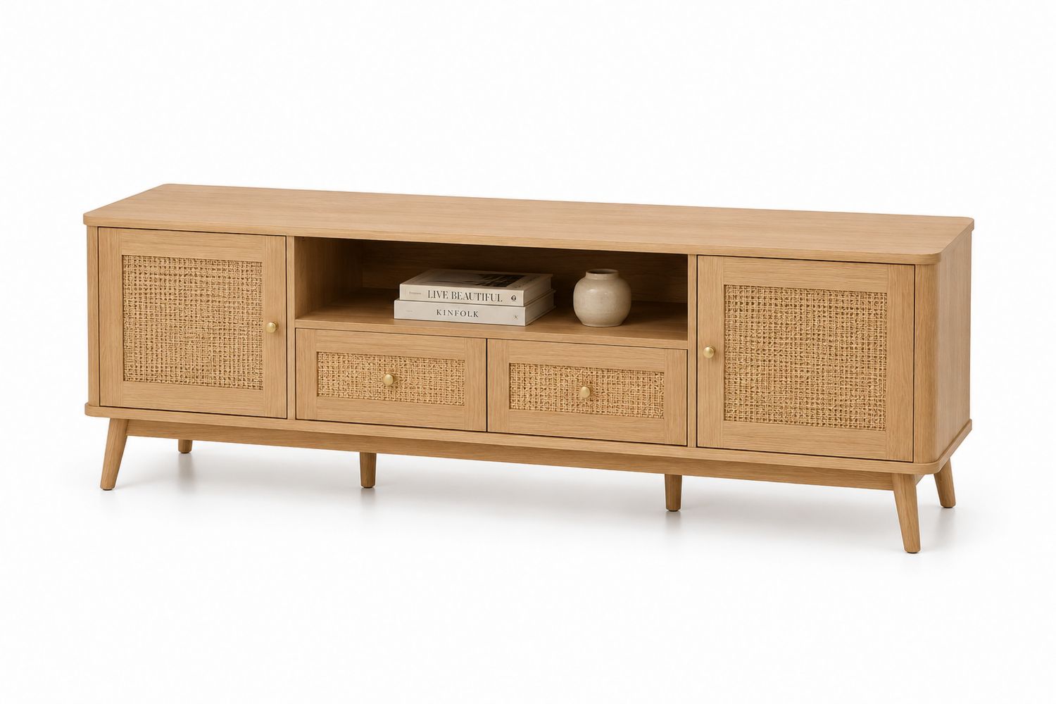 Mobile TV in legno di rovere e rattan 150x40x50 cm