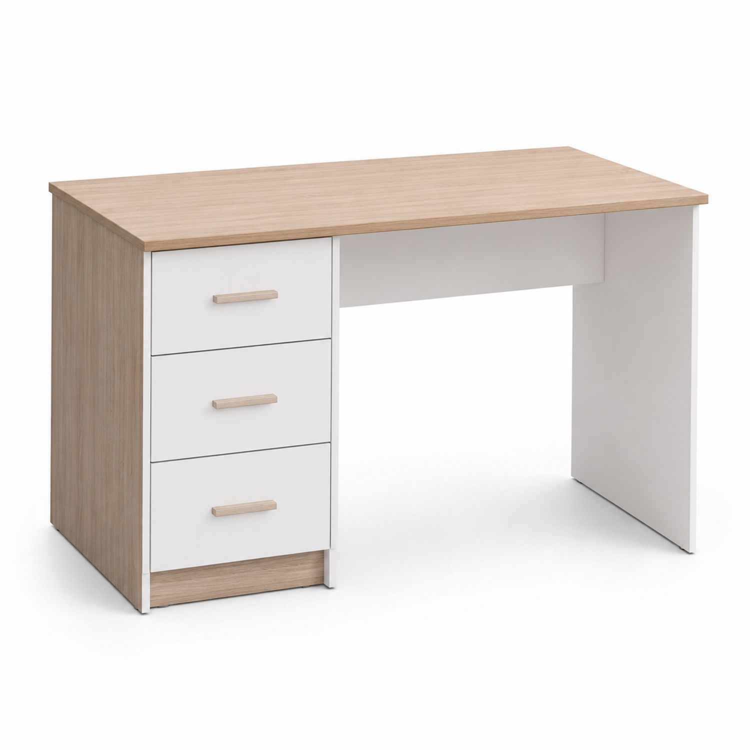 Scrivania in Legno Composito Bianco e Rovere con 3 Cassetti