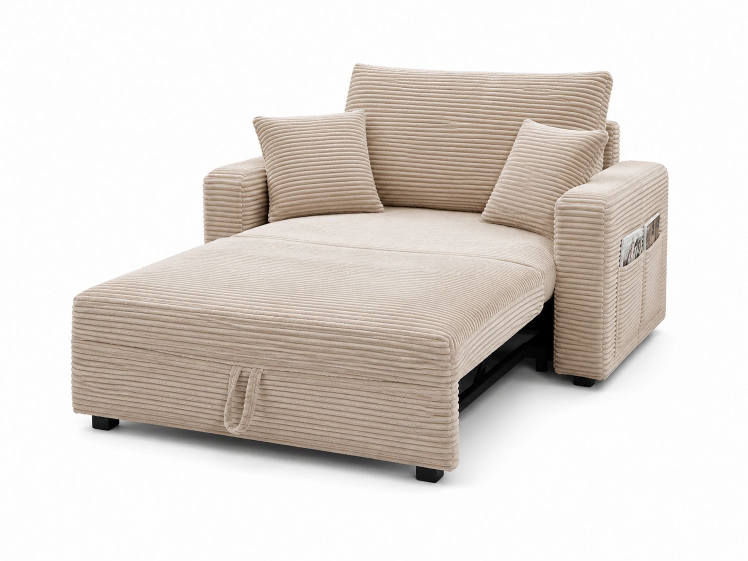 Divano letto in velluto a coste beige con cuscini
