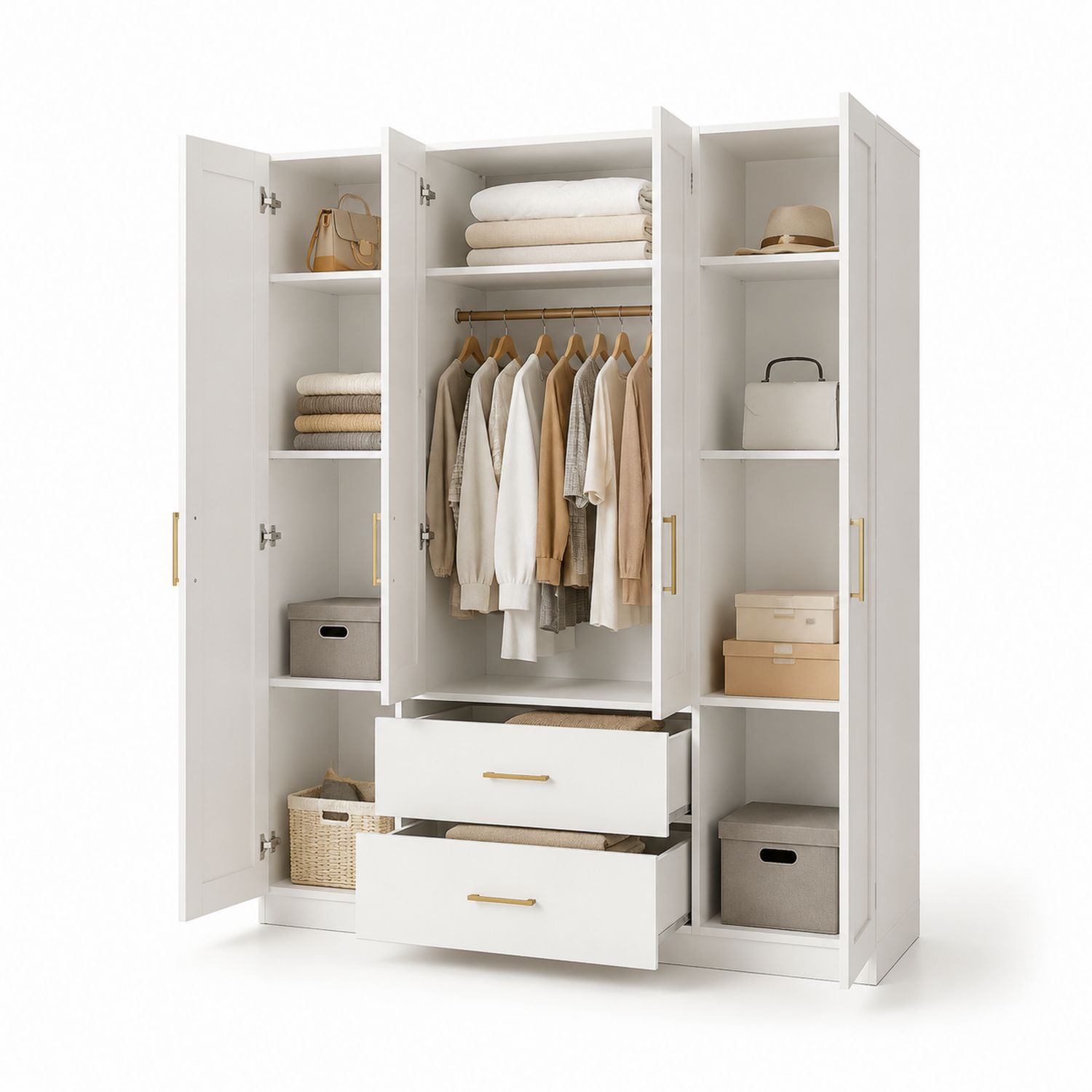 Armadio a tre ante in legno bianco con cassetti