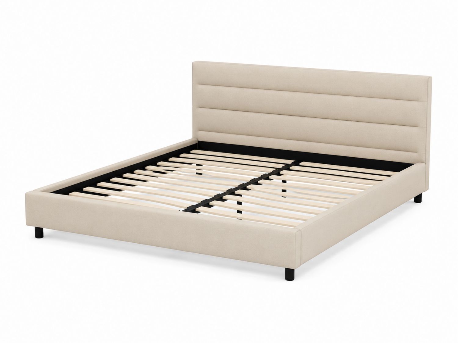 Letto matrimoniale con testiera imbottita in tessuto beige