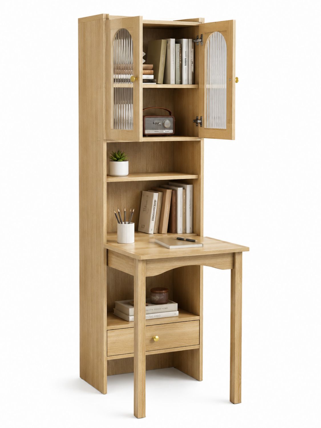 Scrivania con libreria in legno e vetro