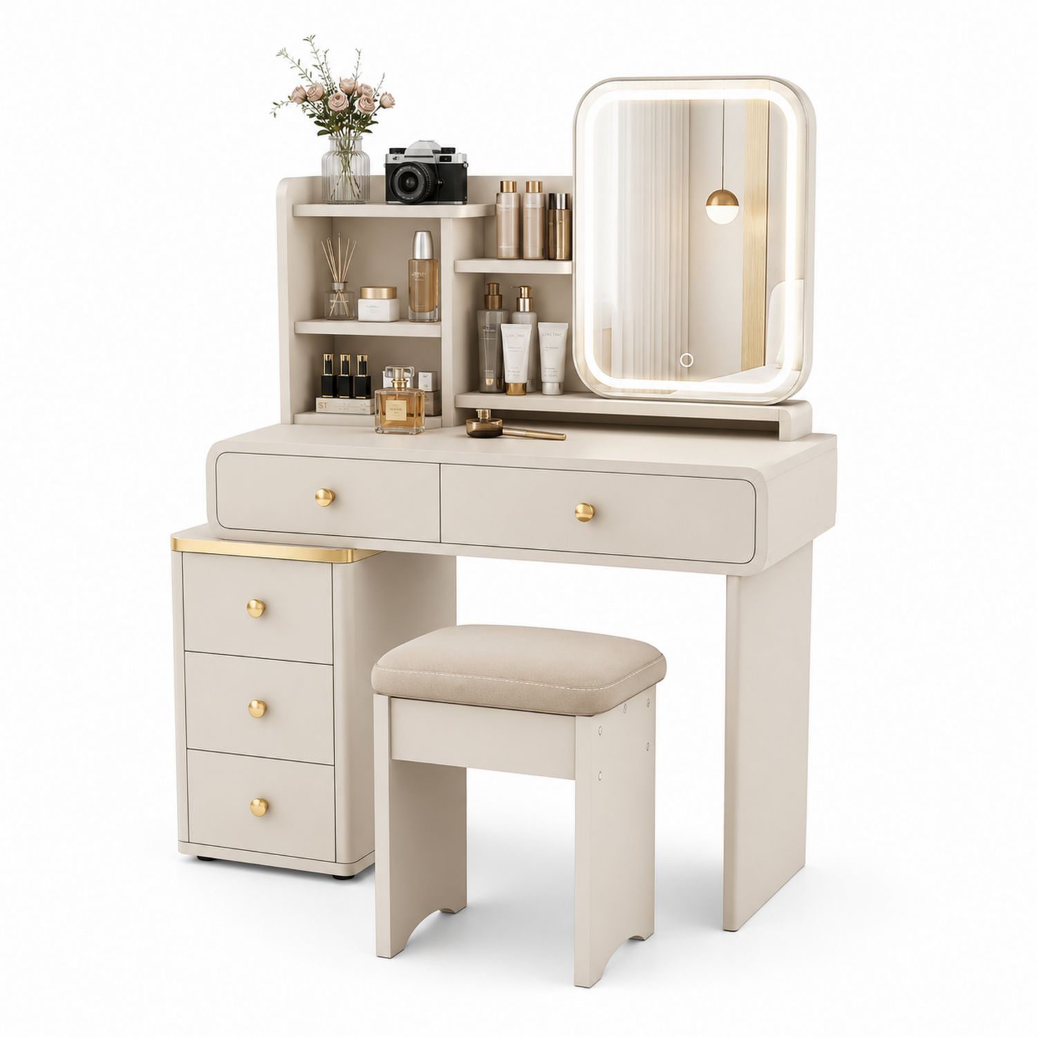Toeletta con Specchio LED e Sgabello in Legno MDF Beige