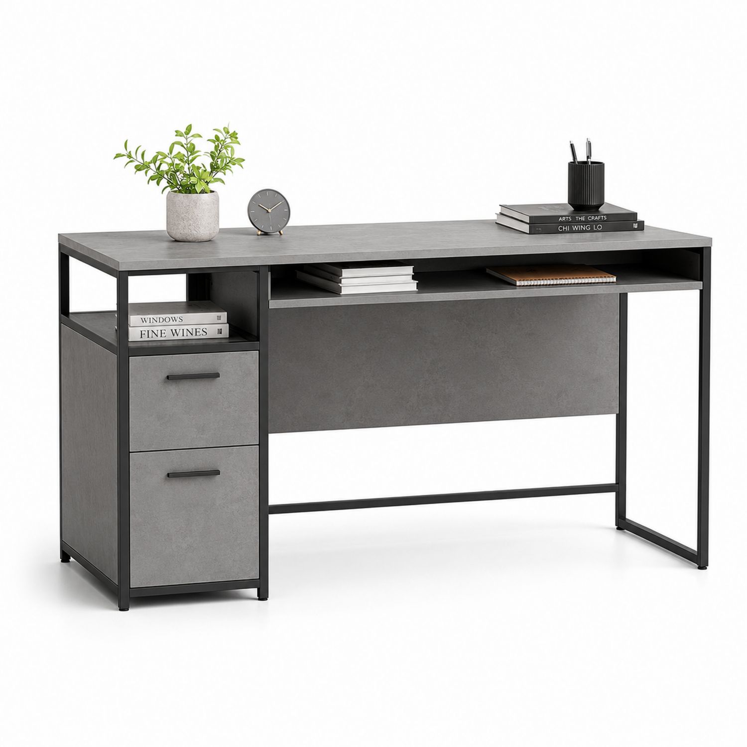 Scrivania rettangolare in legno composito e metallo con cassetti grigi 120x60x75 cm
