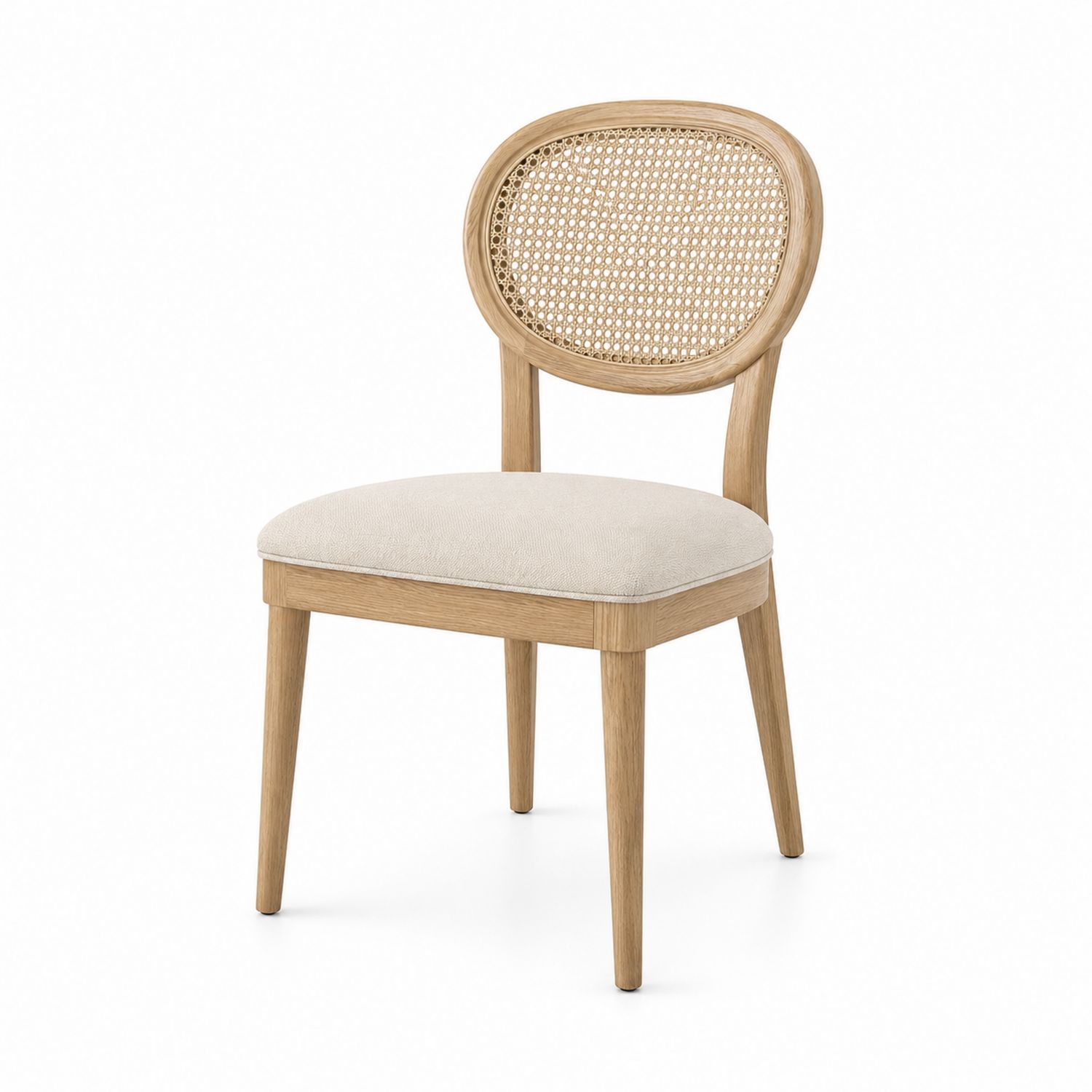 Sedia da pranzo in legno di rovere con seduta in tessuto beige e schienale in rattan