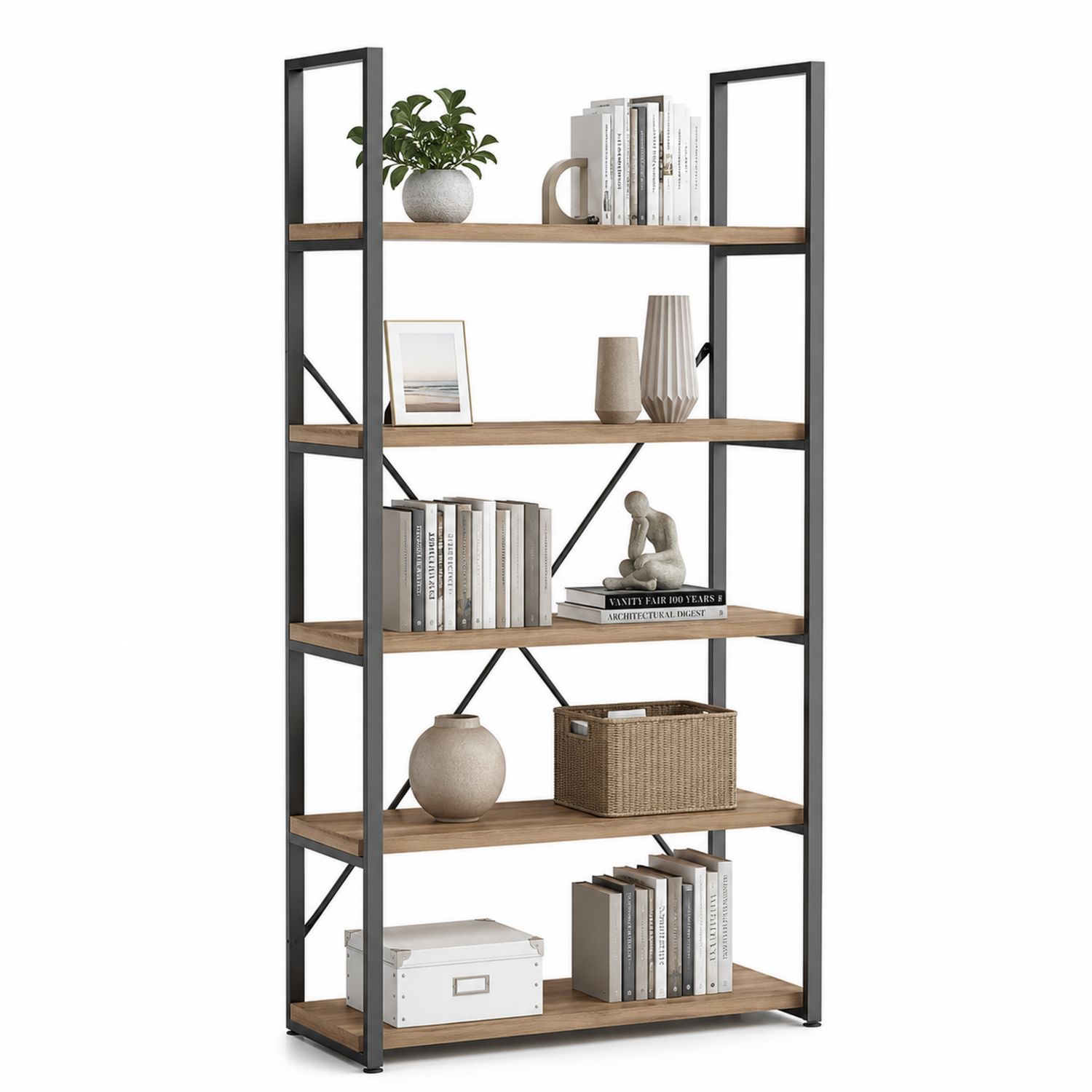 Scaffale libreria a 5 ripiani in legno e metallo