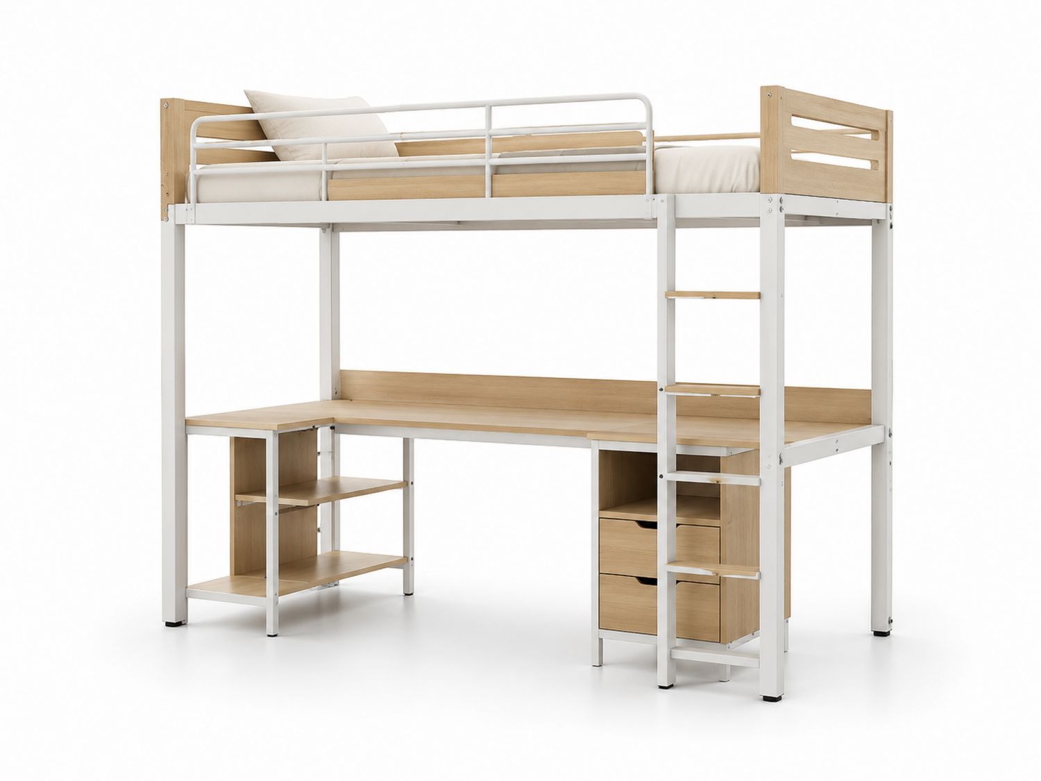 Letto a soppalco in metallo e legno chiaro con scrivania integrata 200x90 cm