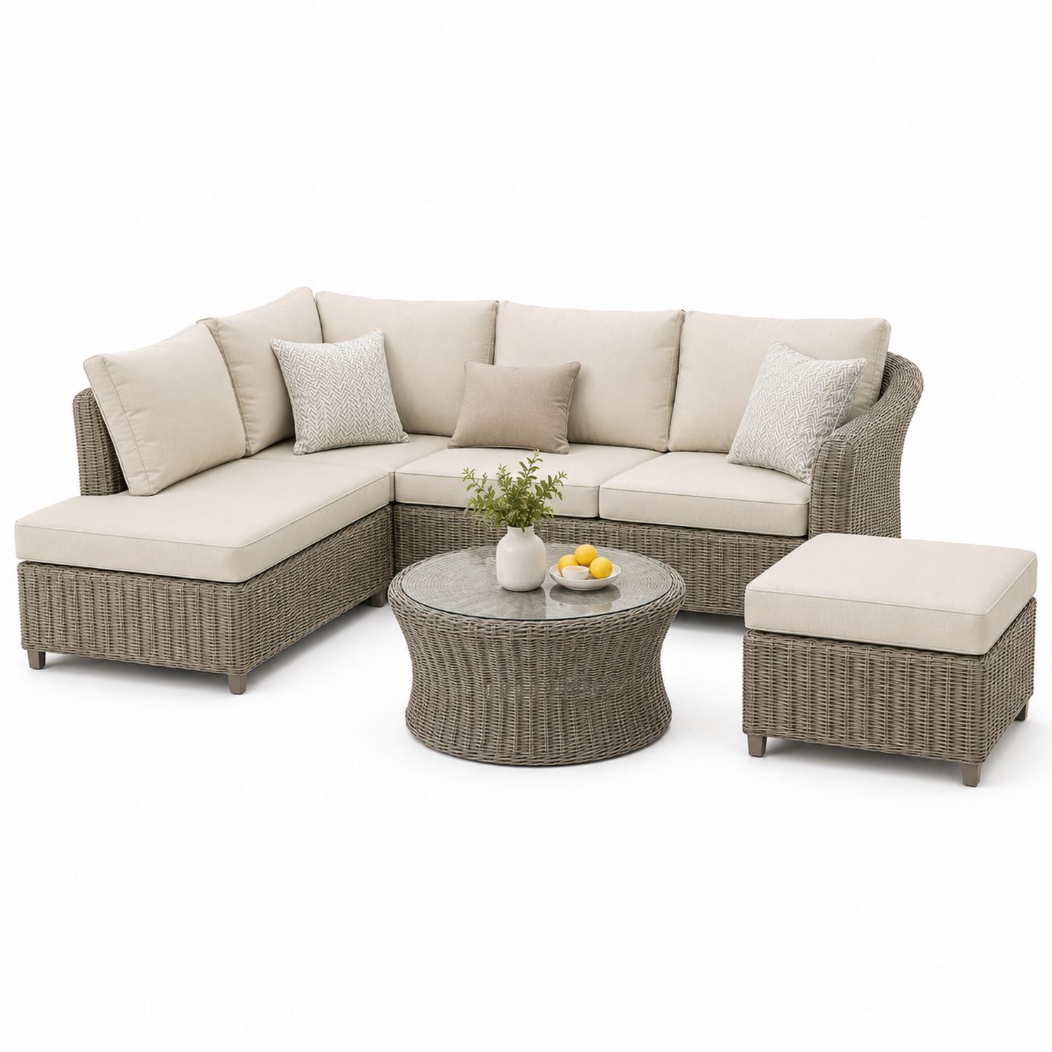 Set Divano Modulare in Rattan con Tavolino in Vetro Temperato