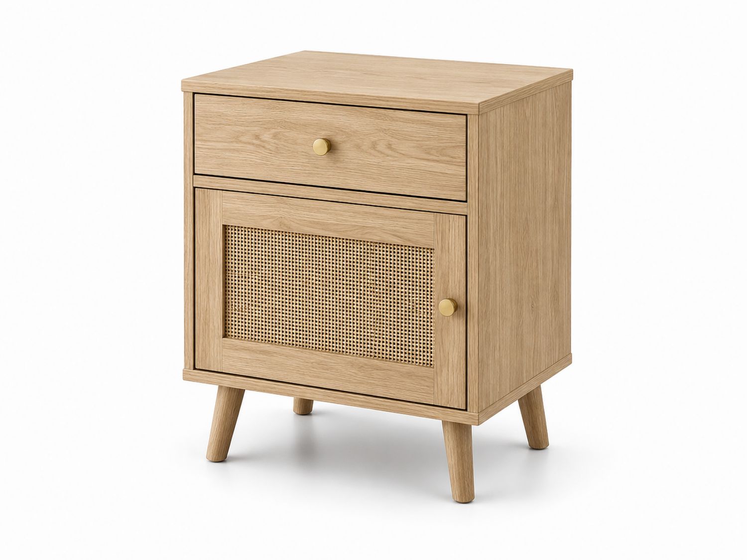 Comodino in legno con cassetto e porta in rattan, 60x40x70 cm