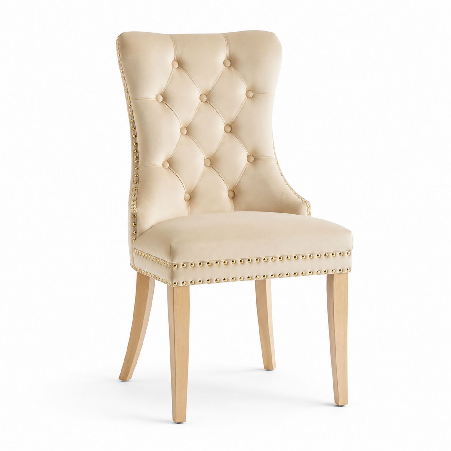 Sedia in velluto beige con borchie in legno massello