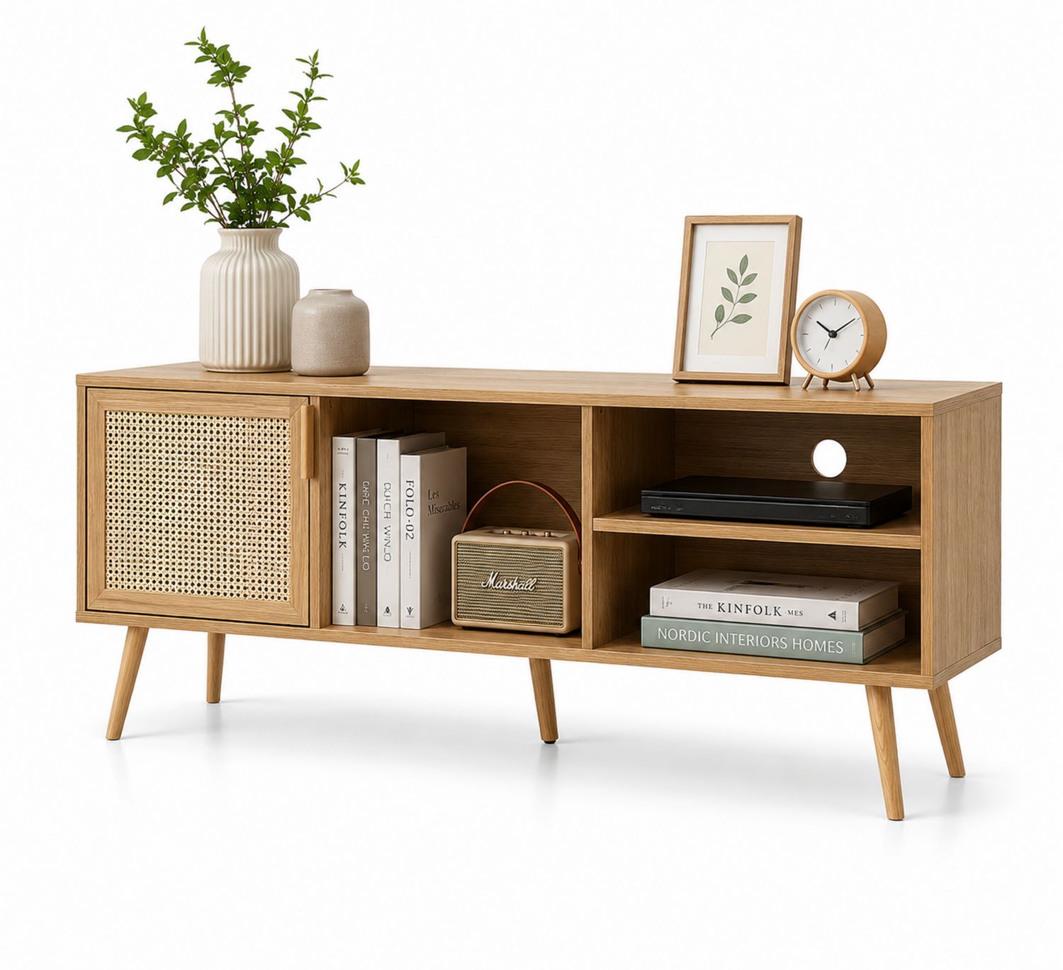 Mobile TV in legno e rattan 120x40x50 cm
