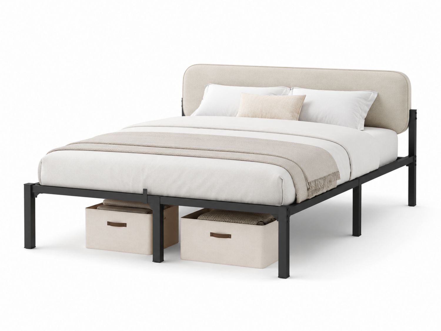 Letto matrimoniale in metallo con testiera in tessuto 200x160 cm Beige