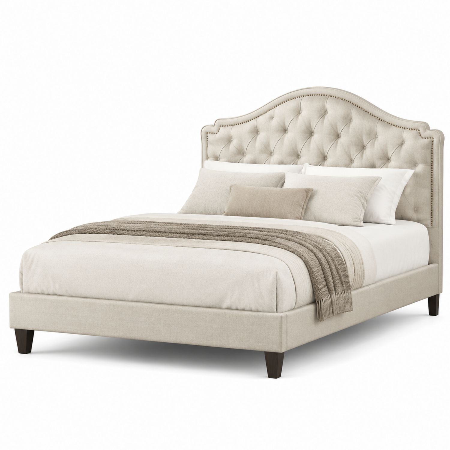 Letto matrimoniale in tessuto crema con struttura in legno