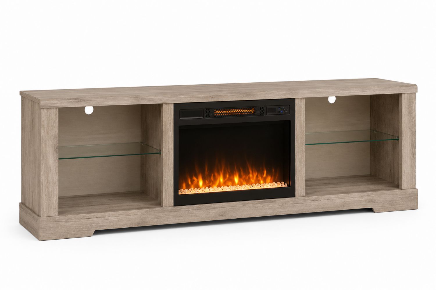 Mobile TV con Camino Elettrico in Legno Ingegnerizzato e Vetro, Rovere Grigio
