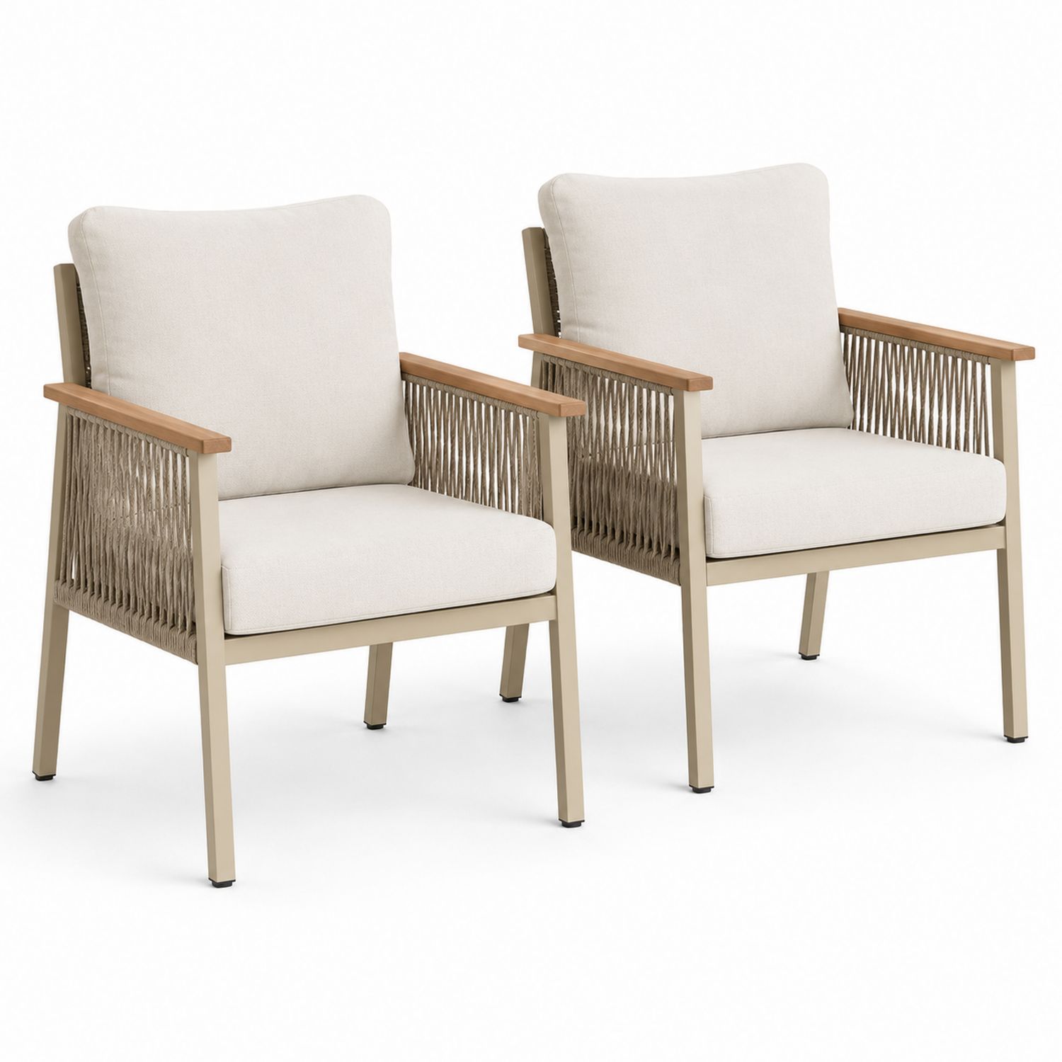 Set di 2 Sedie da Esterno in Metallo e Legno di Teak con Cuscini Beige