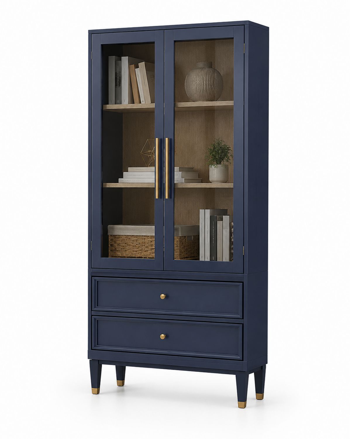 Vetrina in legno blu con vetro temperato e cassetti