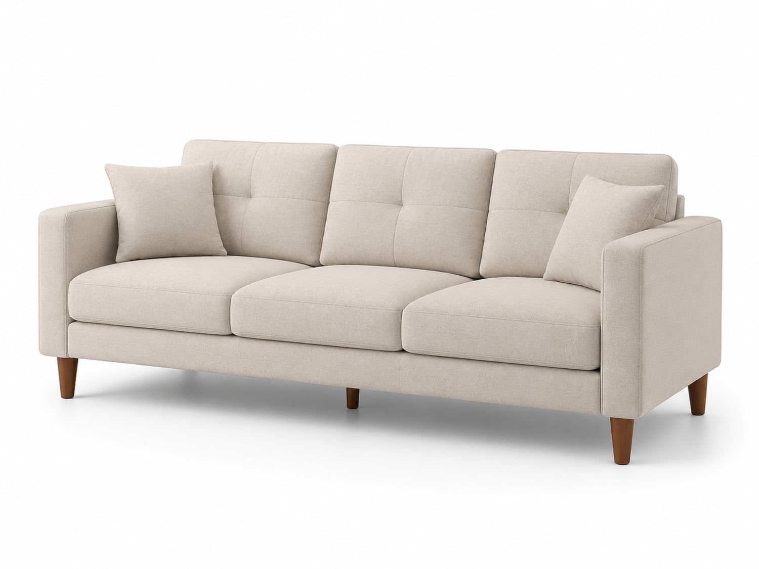 Divano tre posti in tessuto beige con gambe in legno