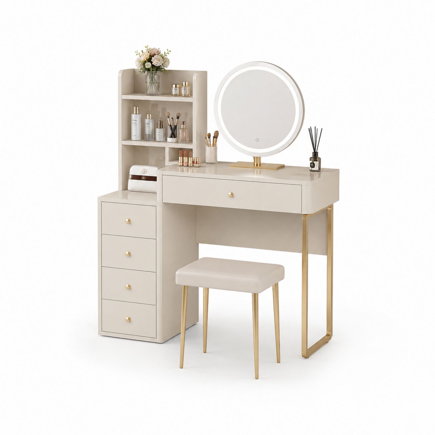 Toeletta in MDF con Specchio LED e Struttura Metallica, Beige e Oro