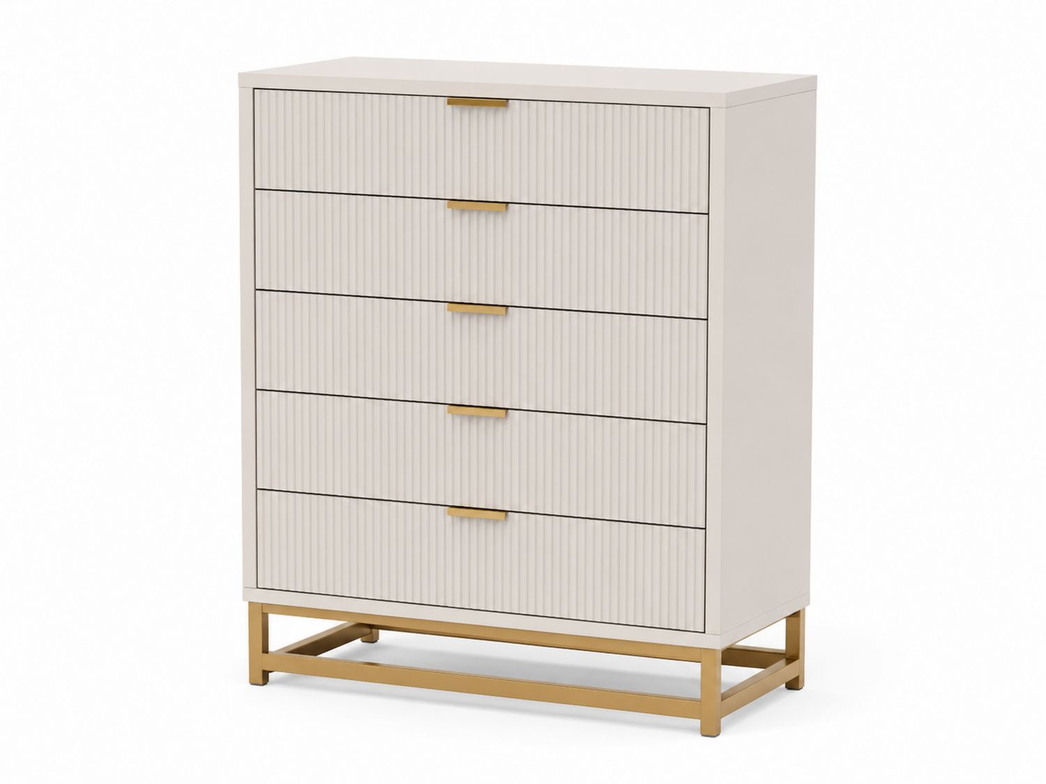 Cassettiera alta con 5 cassetti in MDF e metallo beige e dorato