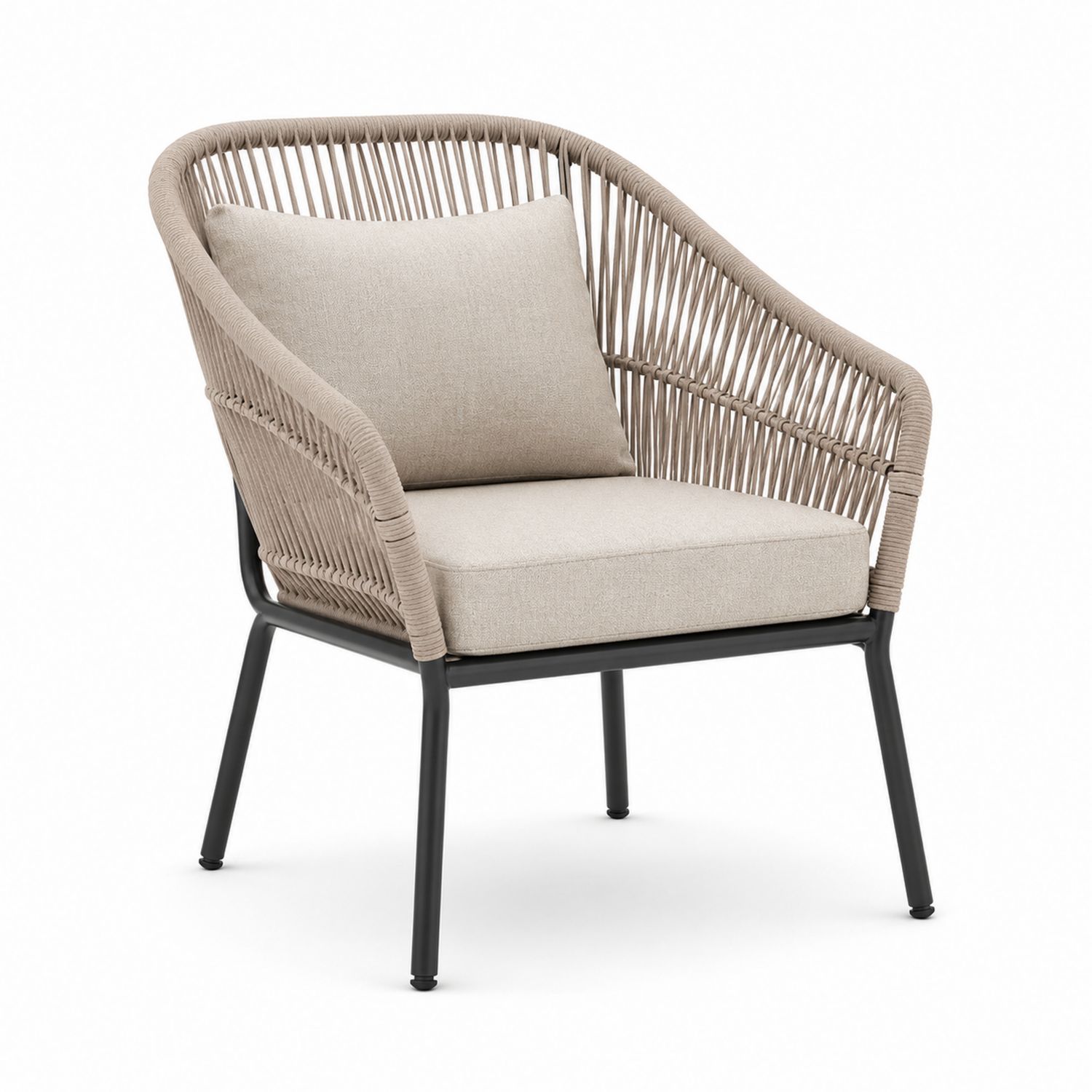 Poltrona da esterno in alluminio e corda con cuscini beige