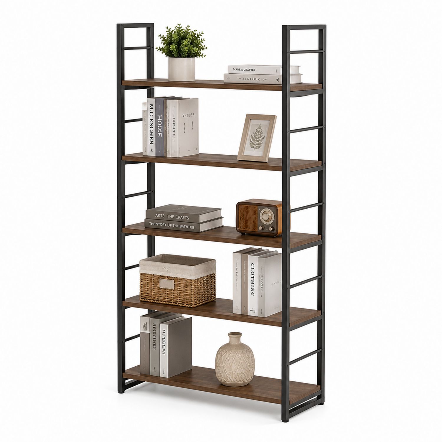 Libreria in metallo e legno con 5 ripiani