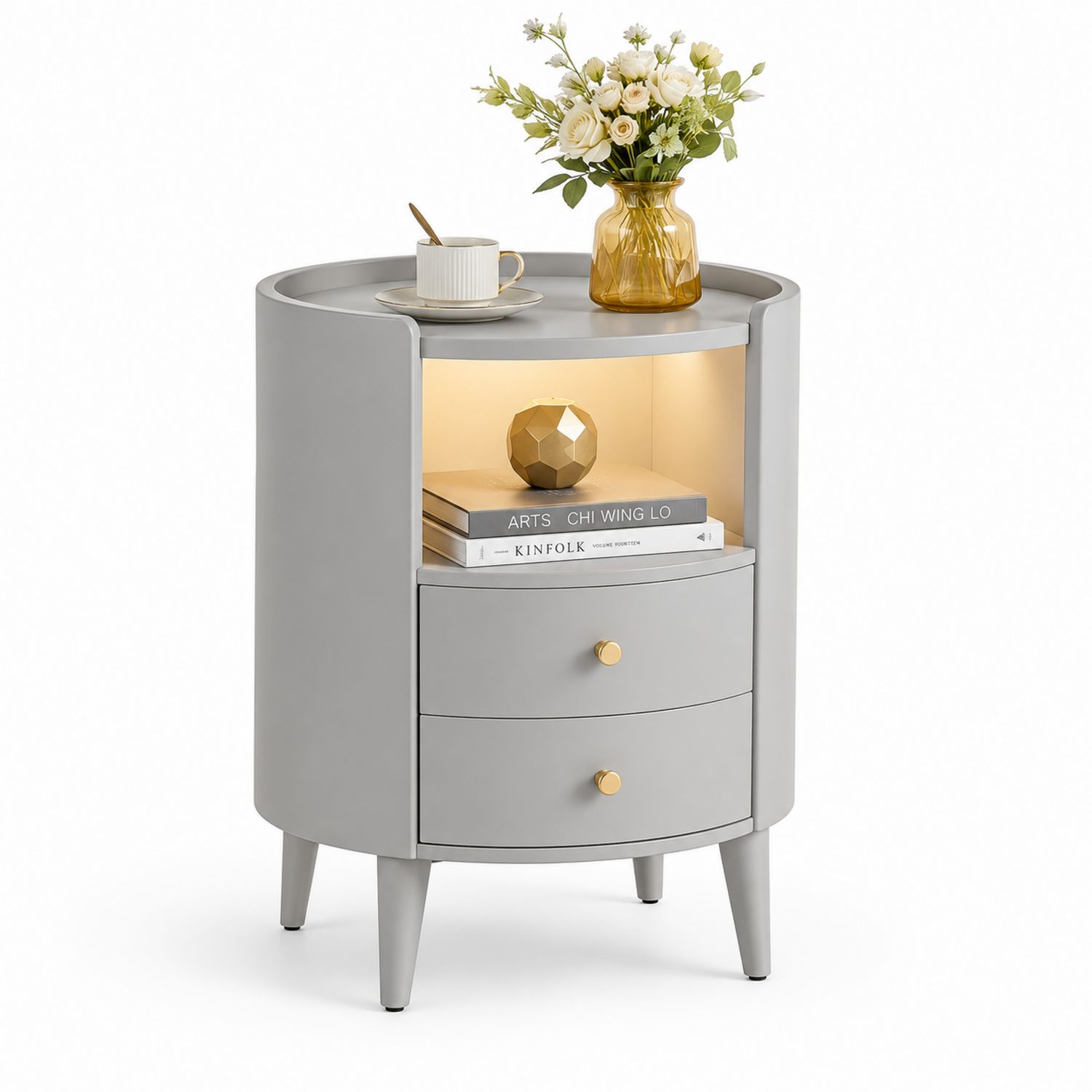 Comodino Rotondo in MDF Grigio con Cassetti e Lampada LED