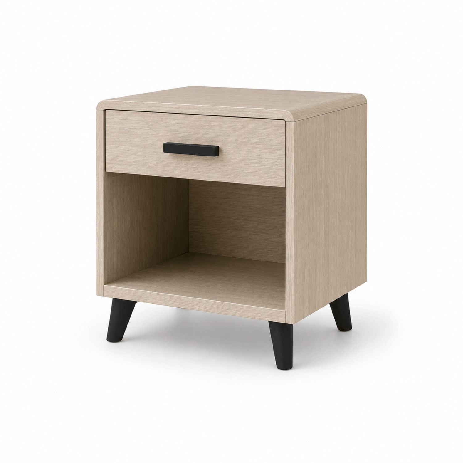 Comodino in legno MDF con gambe nere, 45x35x55 cm, Rovere naturale