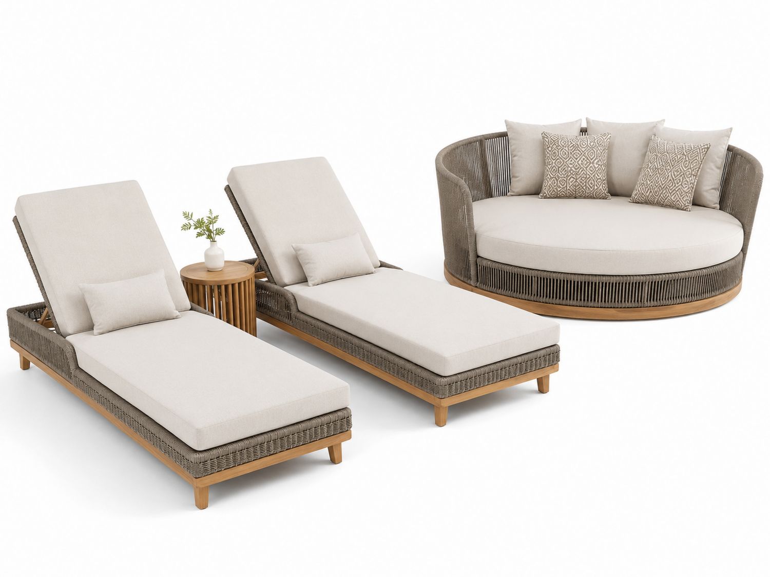 Set da Giardino con Lettini Prendisole e Divano Rotondo in Legno di Teak e Intreccio, Cuscini in Poliestere