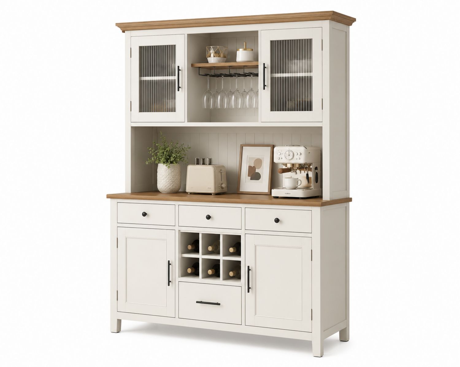 Credenza in Legno con Vetrine in Vetro Scanallato e Scomparti per Bottiglie Bianco