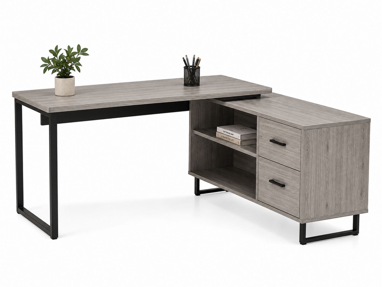 Scrivania angolare in MDF e metallo con cassetti Grigio/Nero