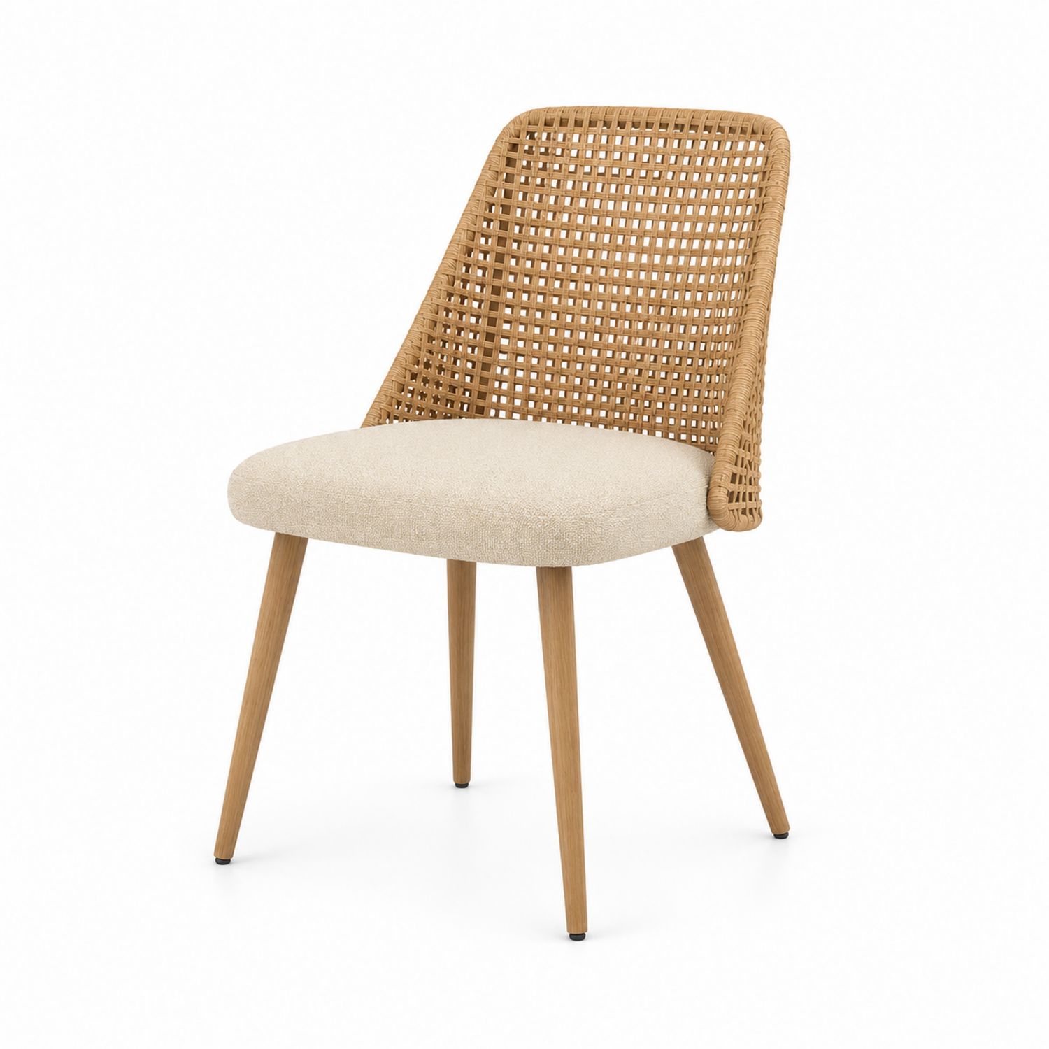 Sedia in tessuto beige e rattan con gambe in legno di faggio