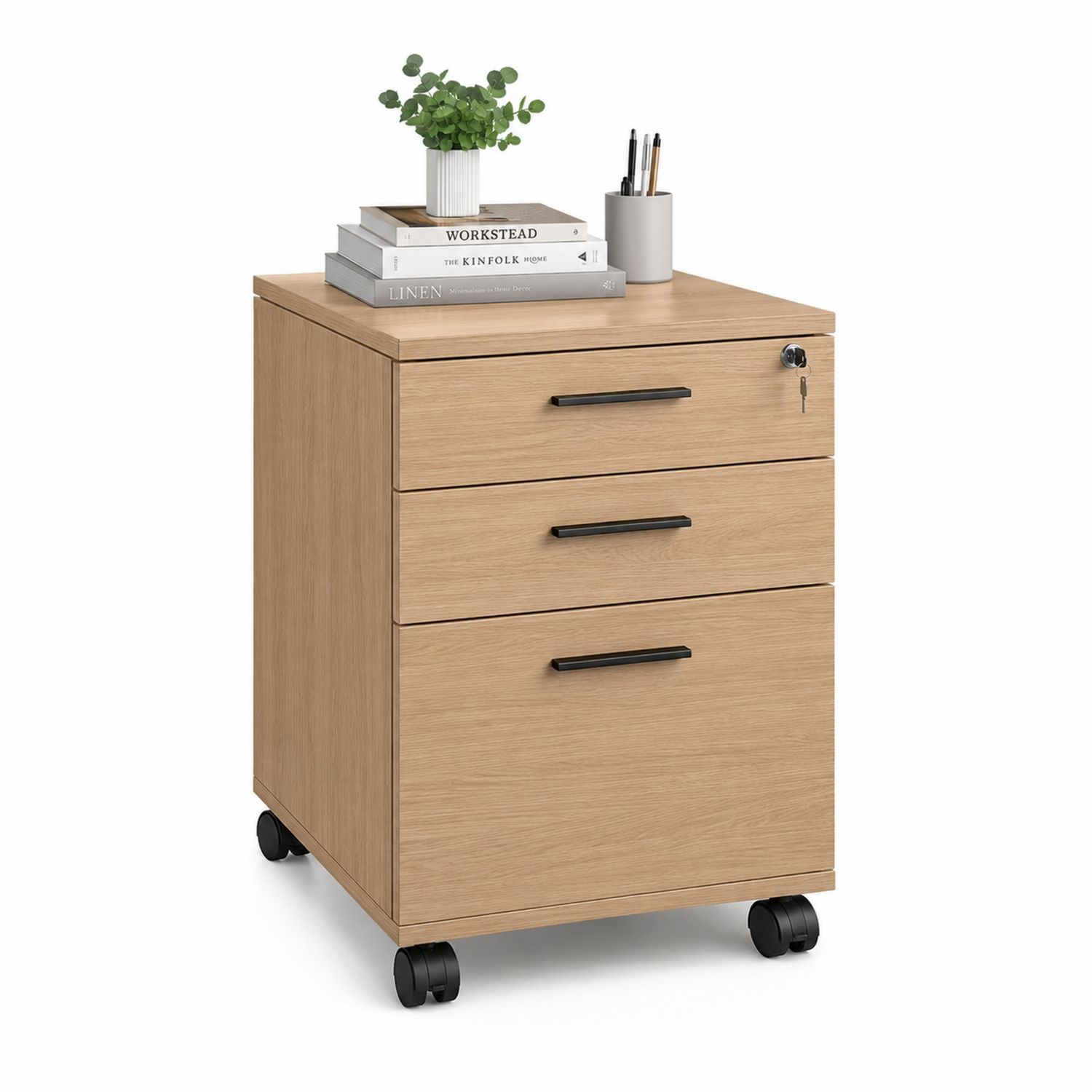 Cassettiera in legno chiaro con ruote e 3 cassetti
