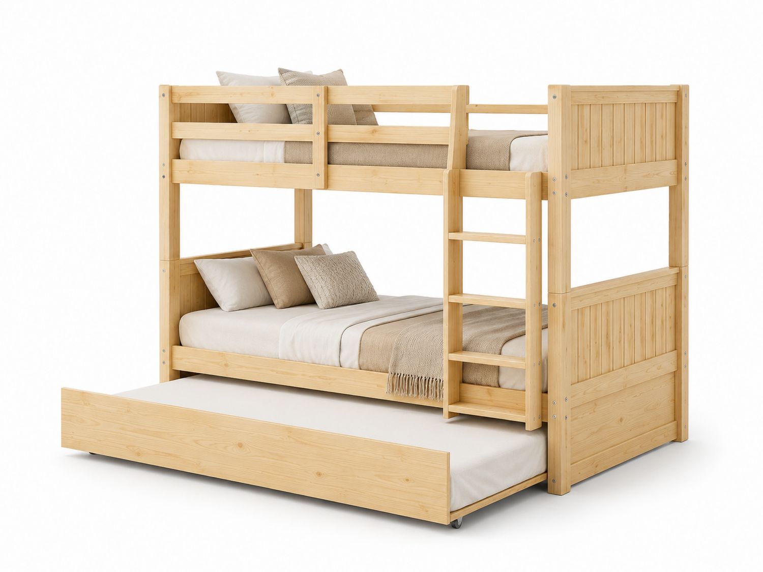 Letto a Castello Triplo in Legno di Pino con Letto Estraibile