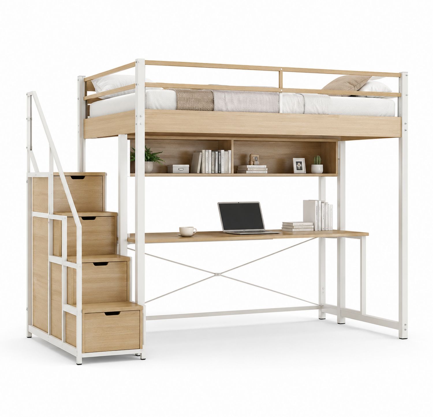 Letto a soppalco in legno e metallo con scrivania e scale a cassetti
