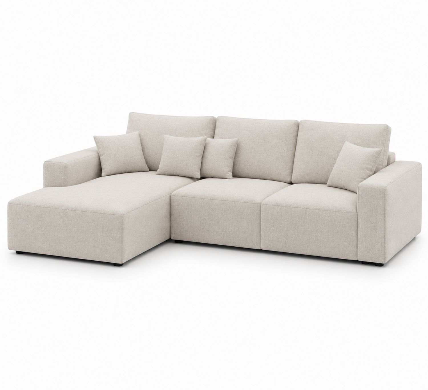 Divano angolare in tessuto beige con cuscini