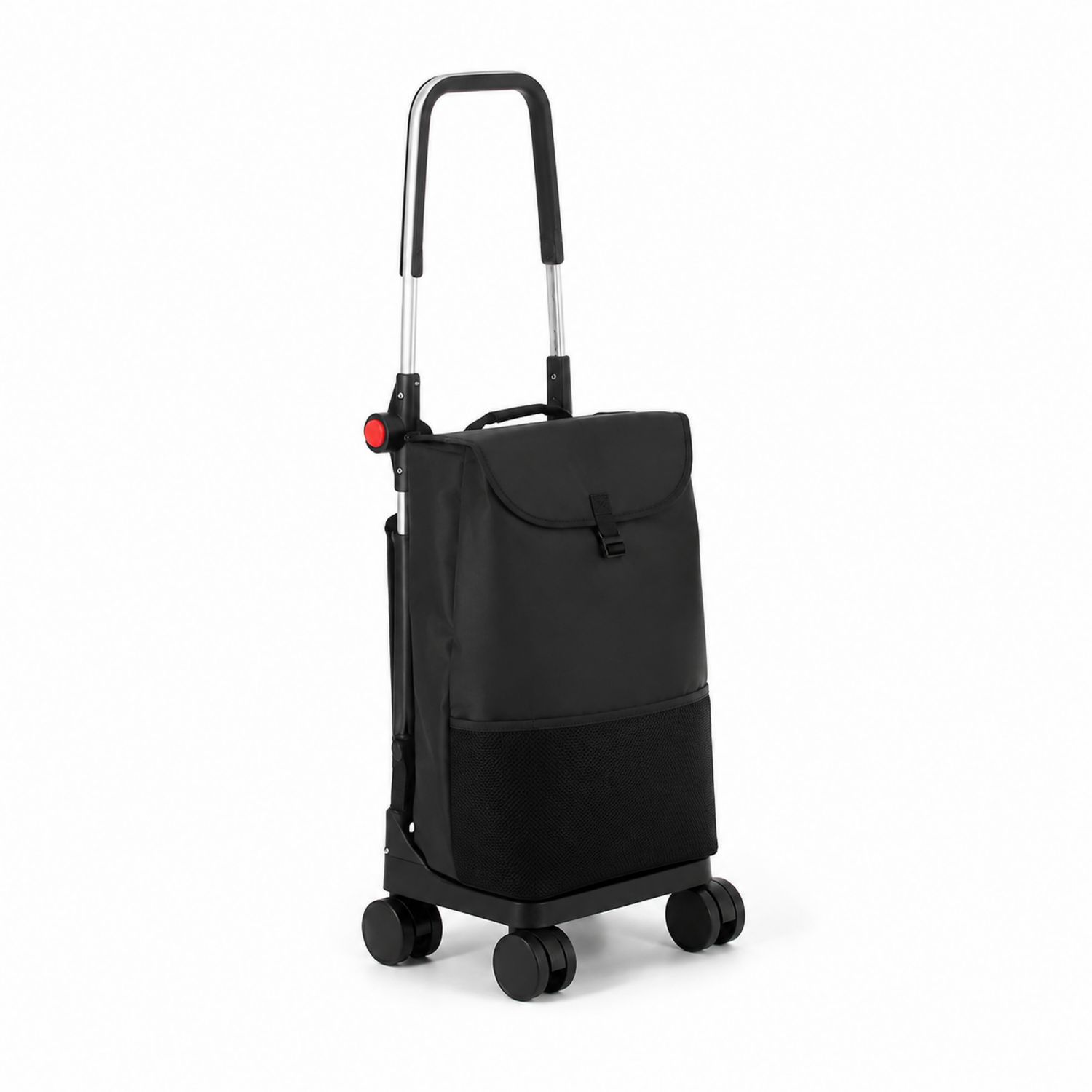 Carrello Spesa Pieghevole in Poliestere Nero con Manico Regolabile e Ruote Multidirezionali