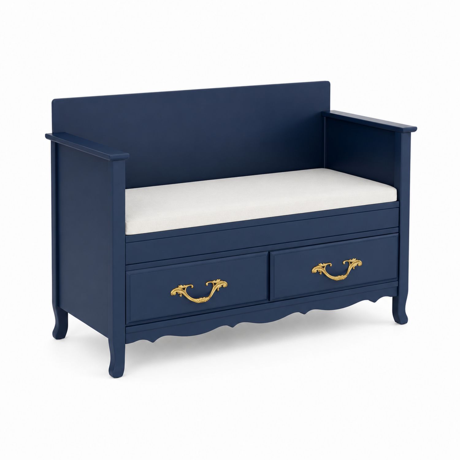 Panca in Legno Blu con Cassetti e Imbottitura Bianca