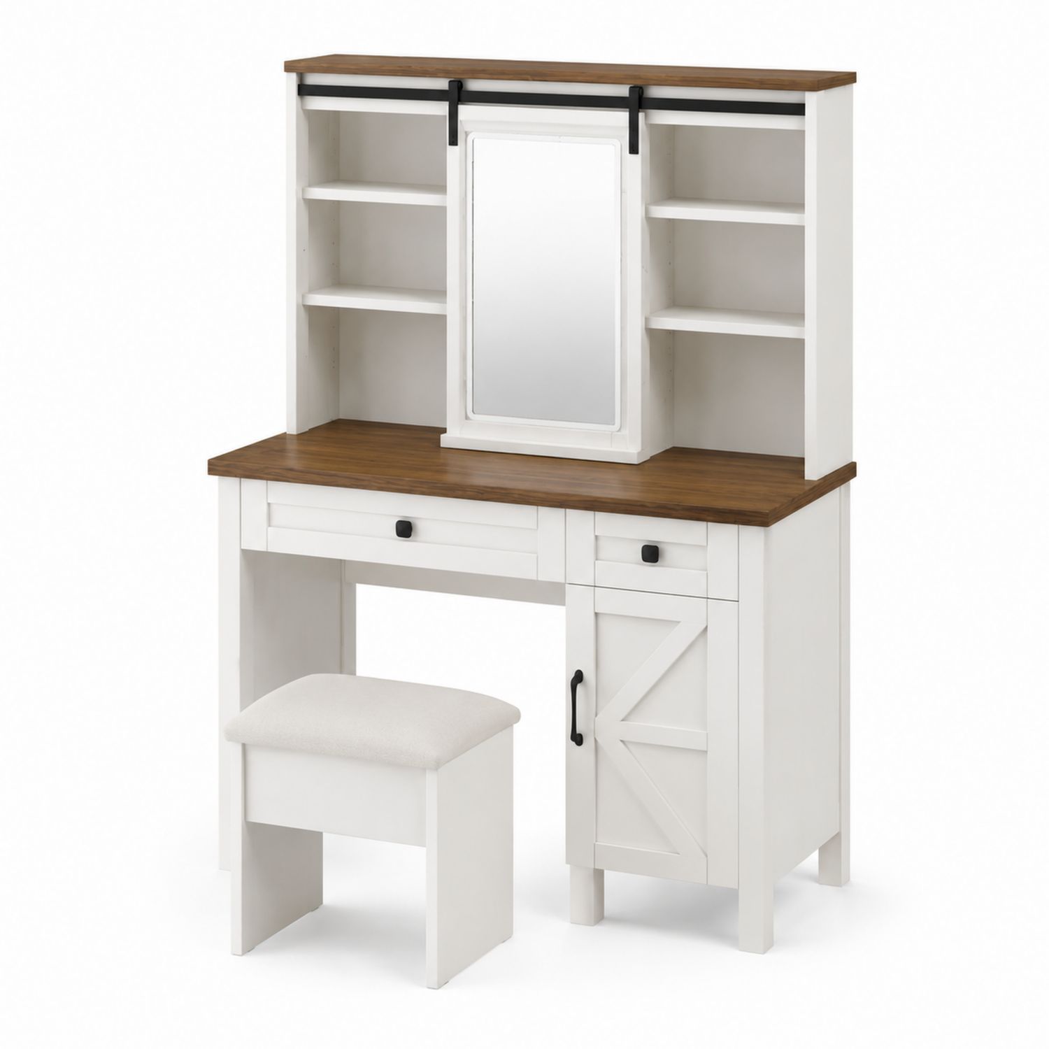 Toeletta in Legno con Specchio e Sgabello, Bianco/Marrone
