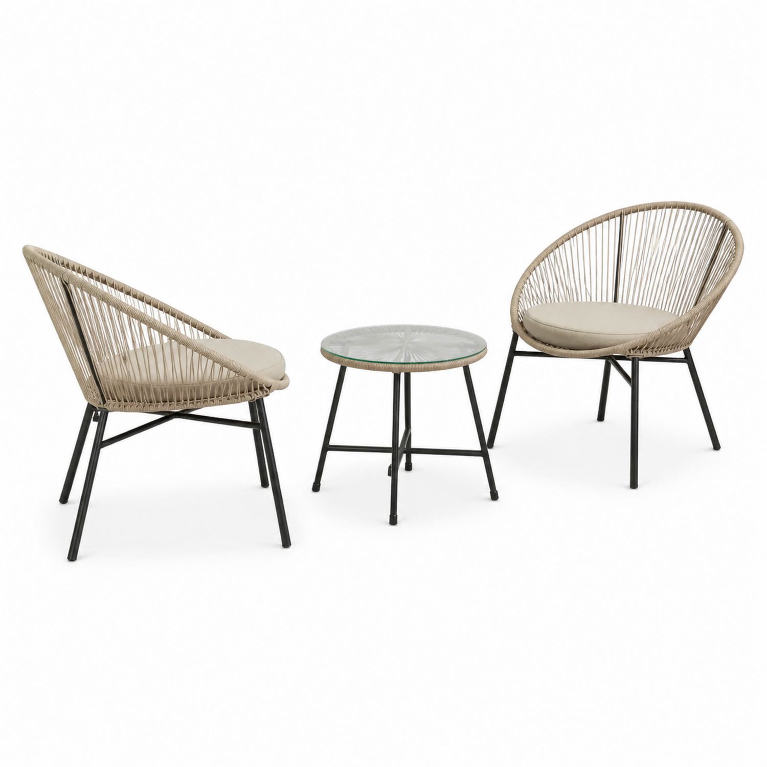 Set da esterno in metallo e rattan con tavolo in vetro temperato e cuscini in poliestere