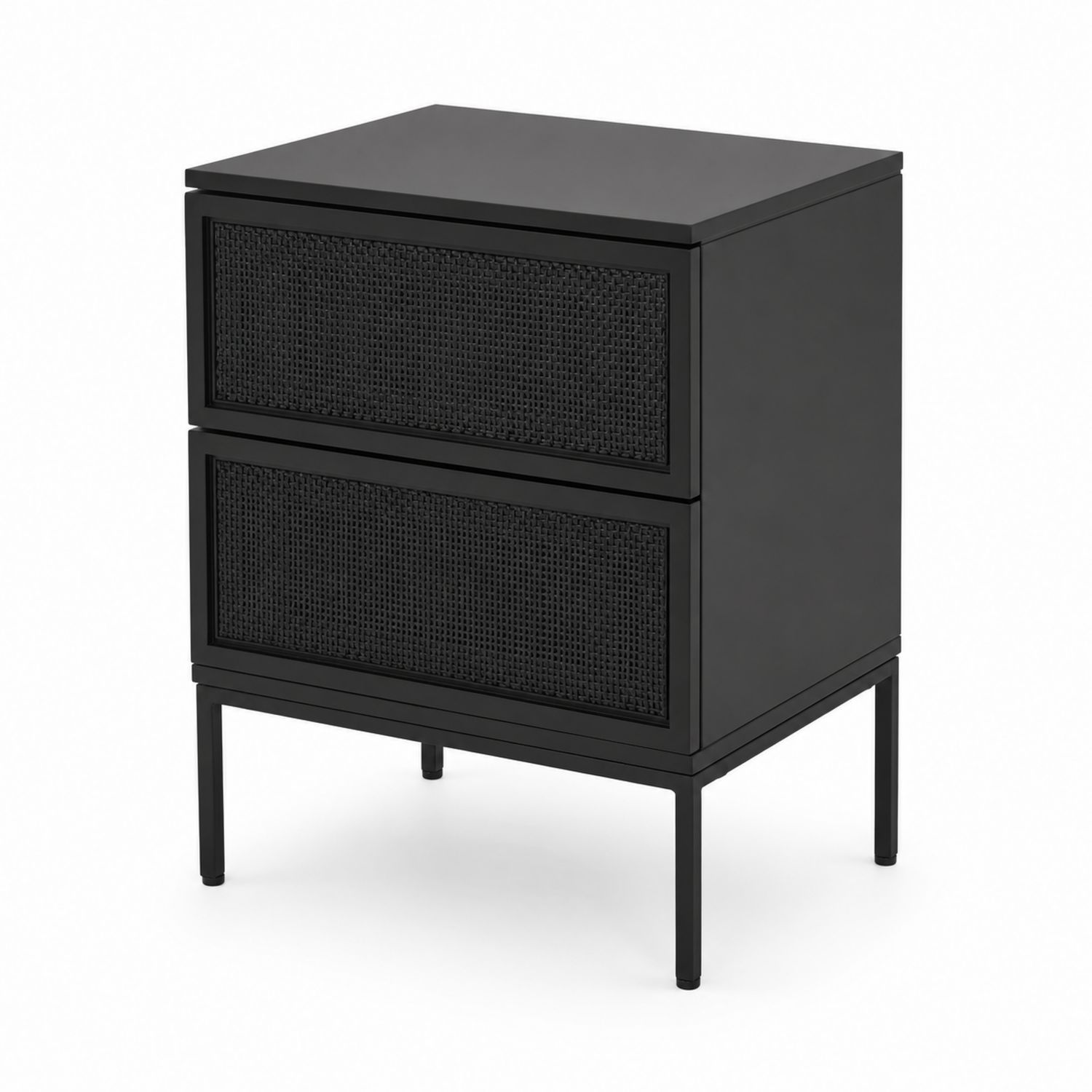 Comodino Nero in Metallo e Rattan con 2 Cassetti