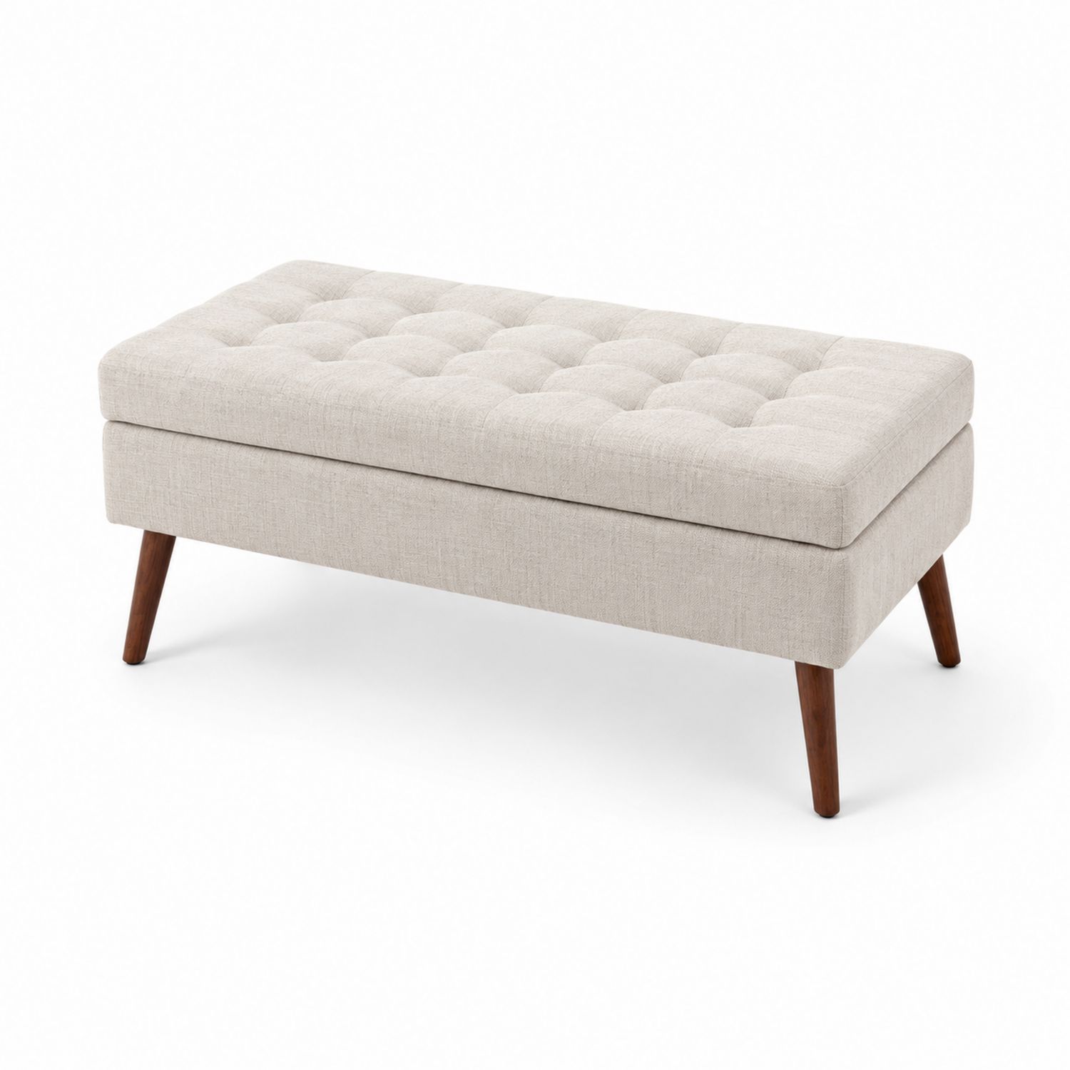 Panca rettangolare in tessuto beige con gambe in legno