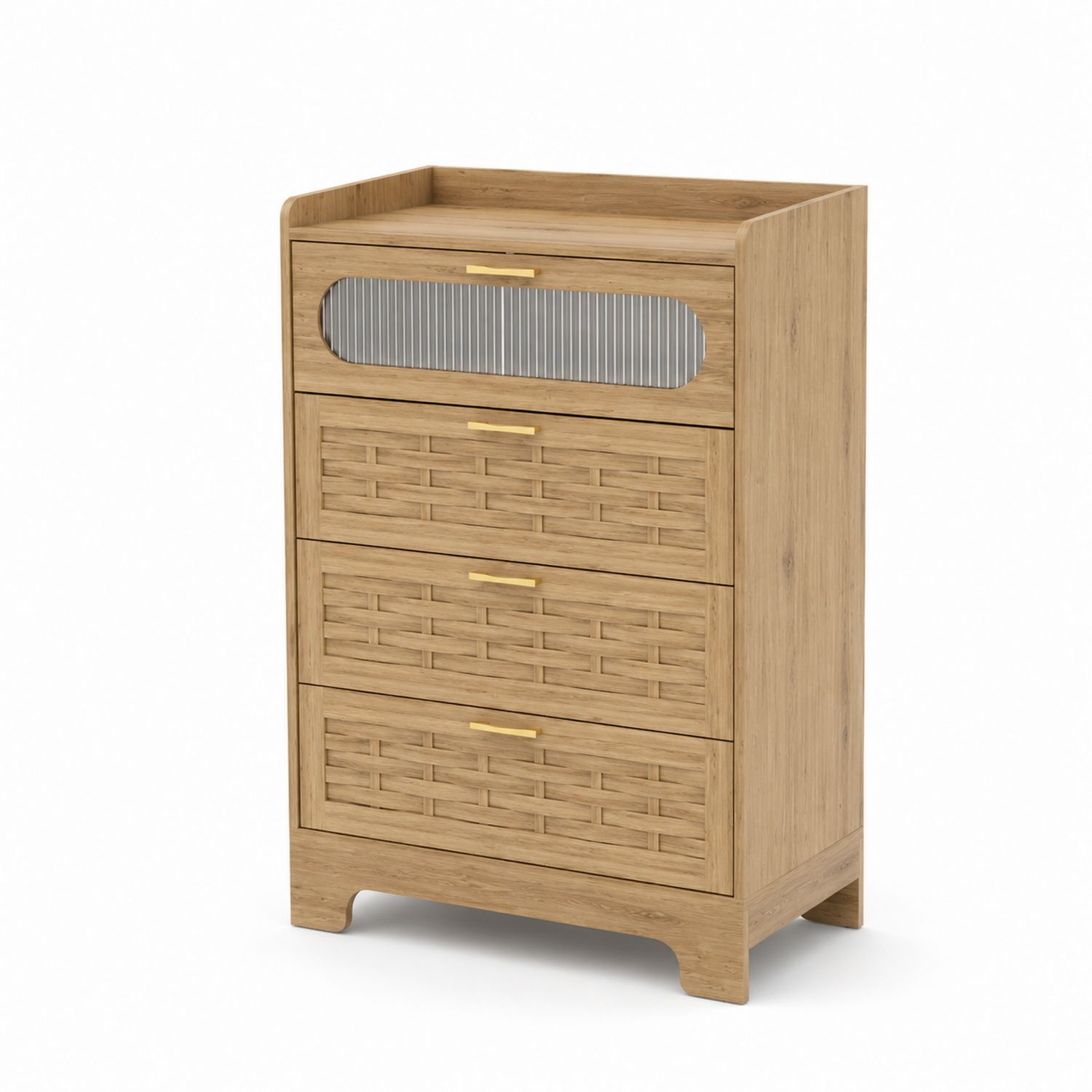 Cassettiera in legno con 4 cassetti e pannello in vetro temperato