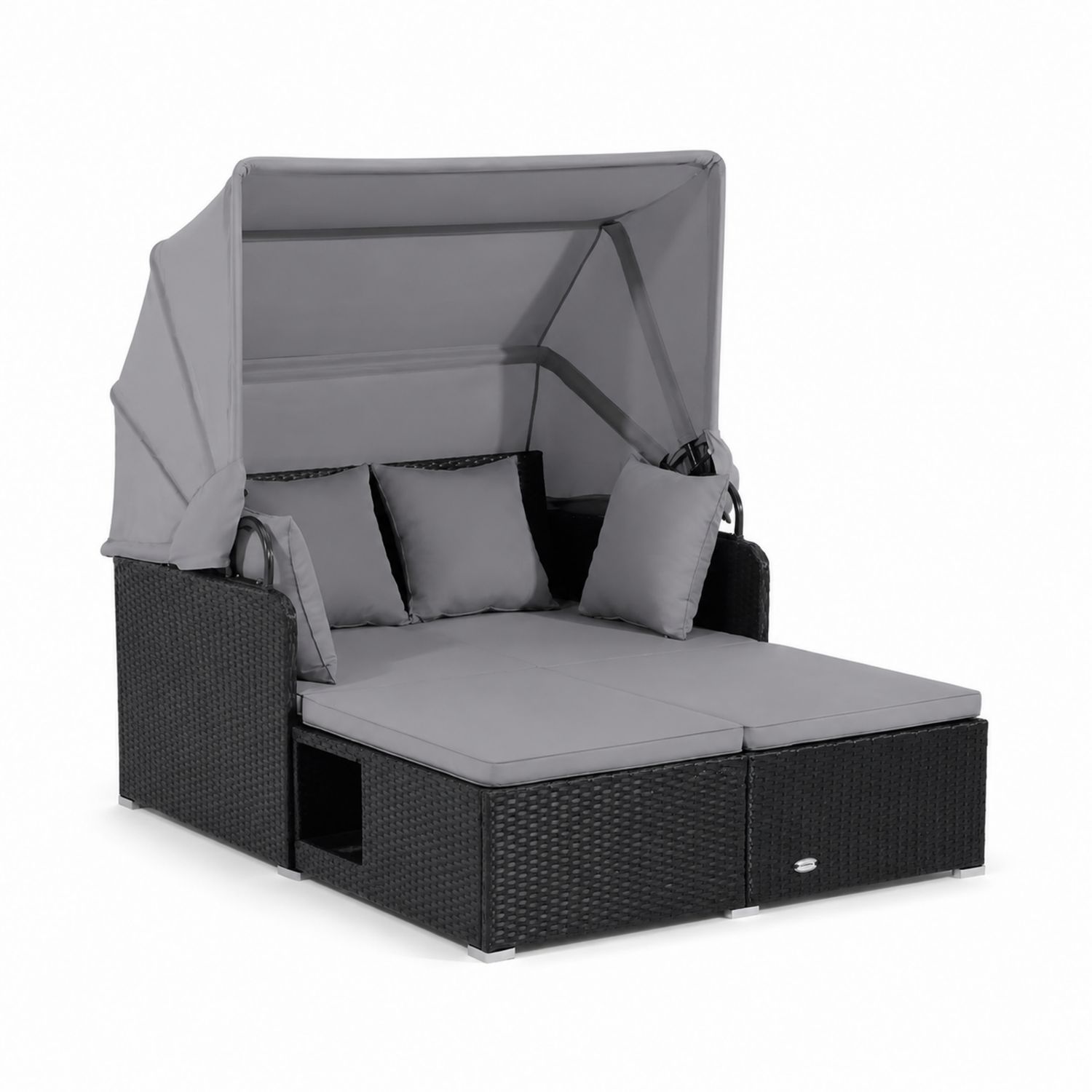 Lettino in rattan con tettuccio regolabile 200x140x35 cm Grigio