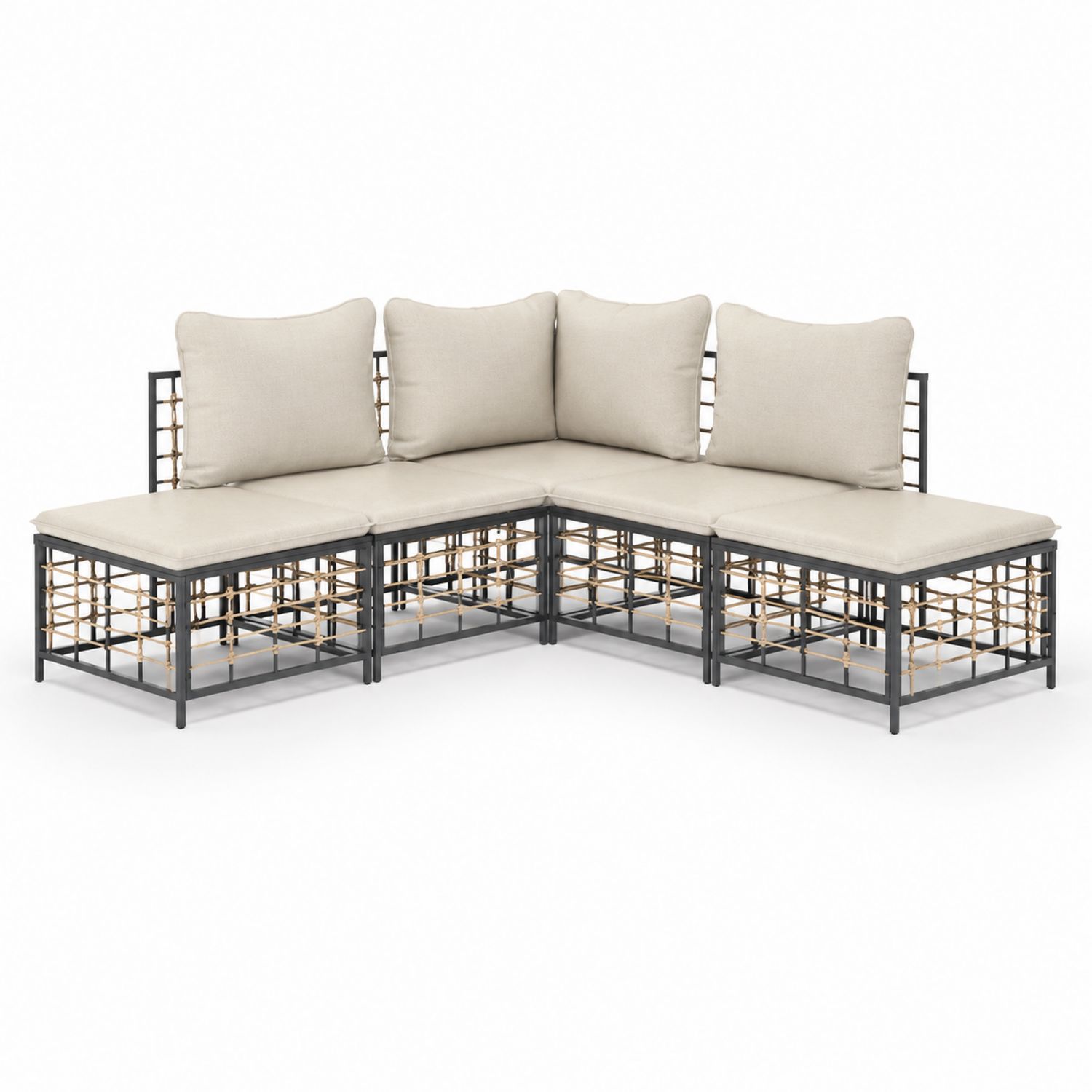 Divano angolare da esterno in metallo e rattan con cuscini in tessuto beige