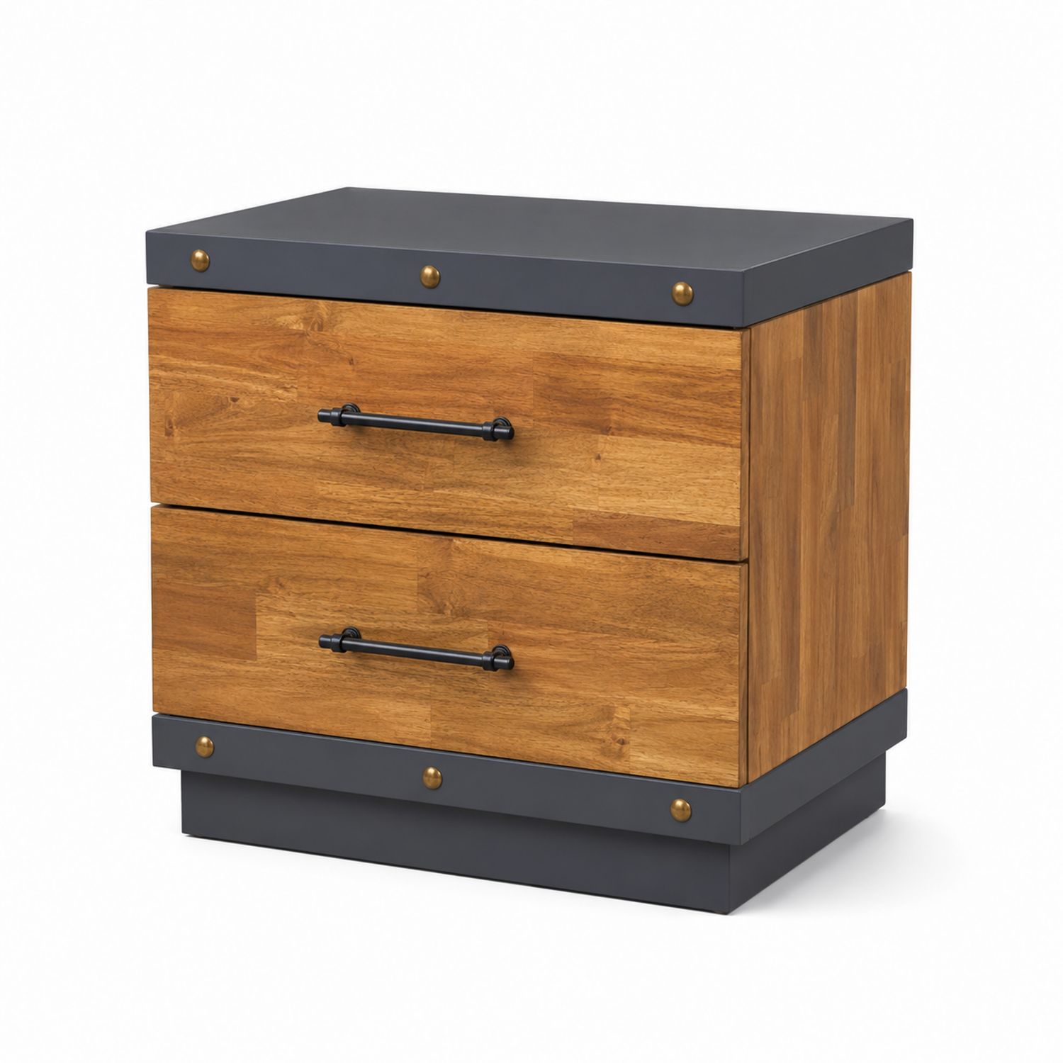 Comodino in legno di acacia e metallo con due cassetti, 60x40x50 cm, naturale e antracite