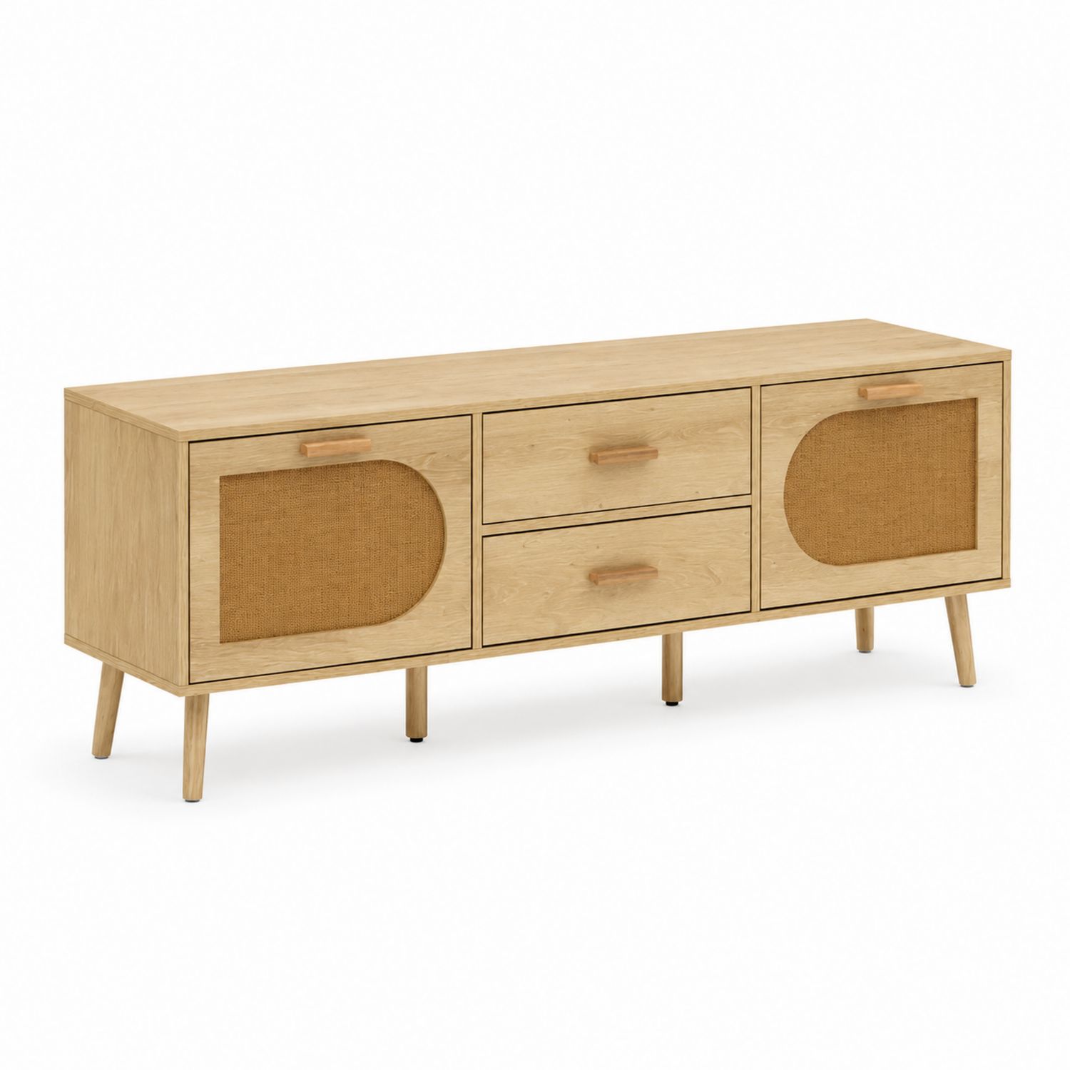 Mobile TV in legno con cassetti e ante in rattan 150x40x50 cm