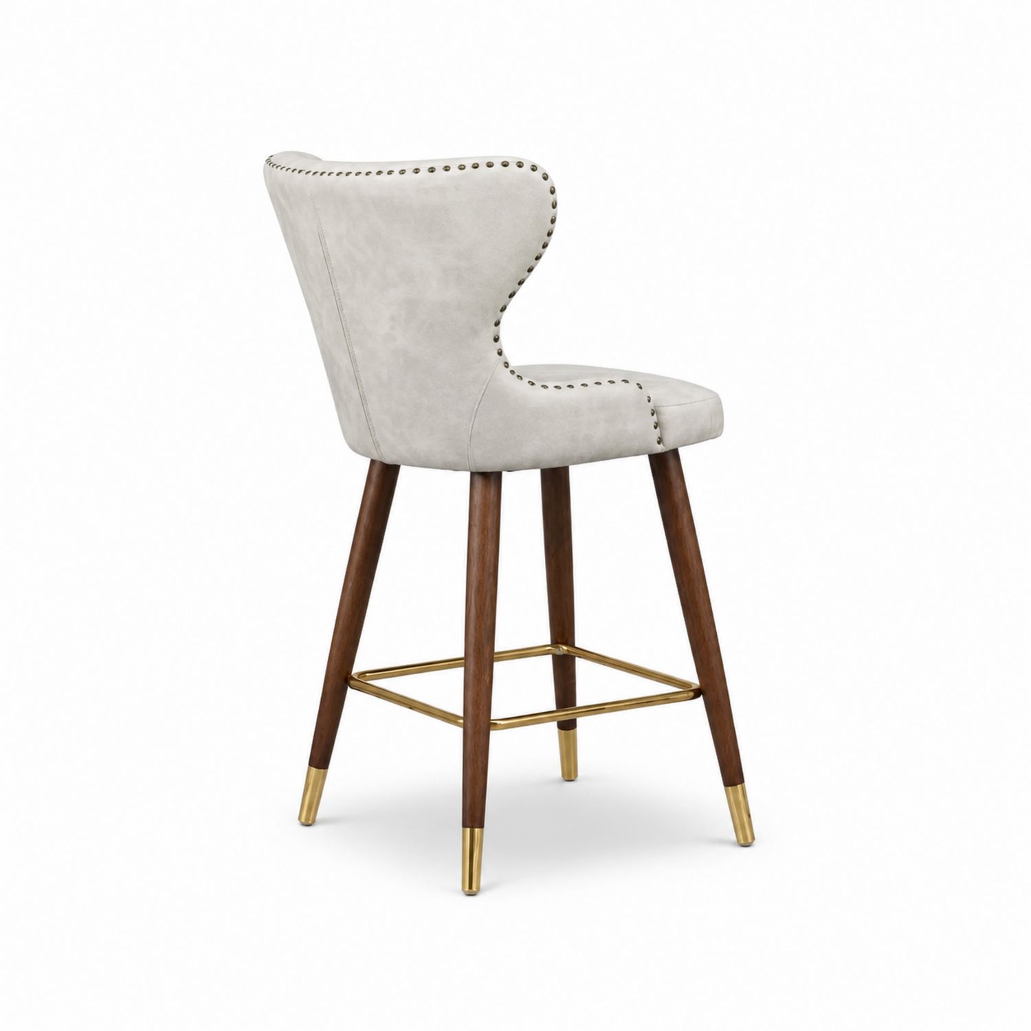Sgabello in Microfibra Grigio con Gambe in Noce e Dettagli in Ottone