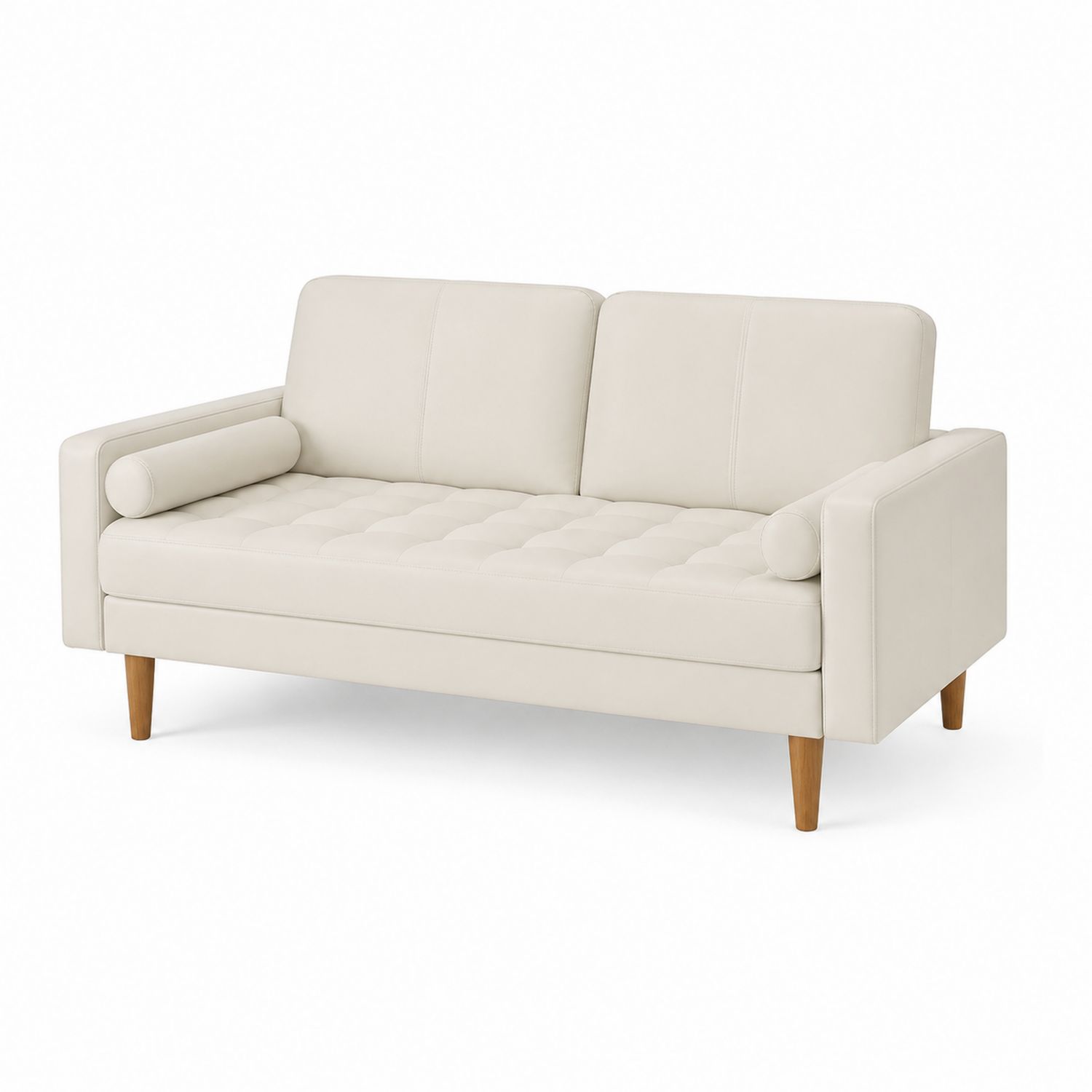Divano due posti in ecopelle Beige con gambe in legno di faggio