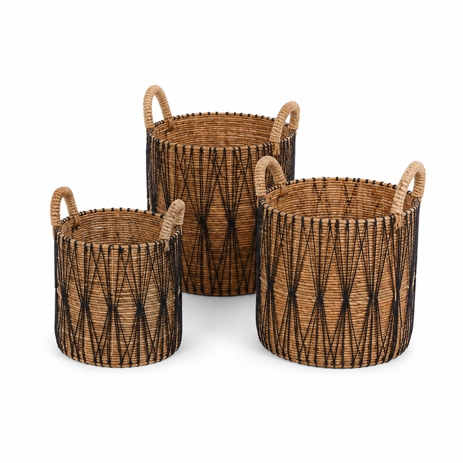 Set di 3 Cesti Rotondi in Rattan Intrecciato con Manici Naturale e Nero