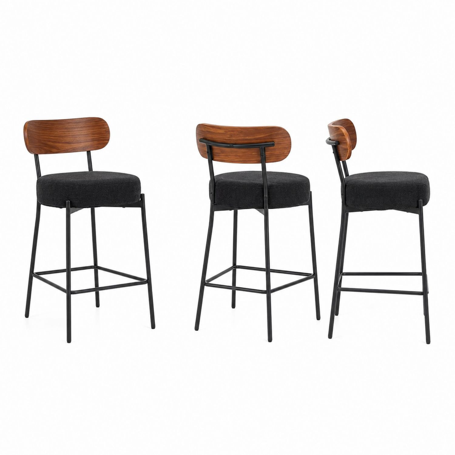Set di 3 sgabelli per Bar in Legno e Metallo Nero